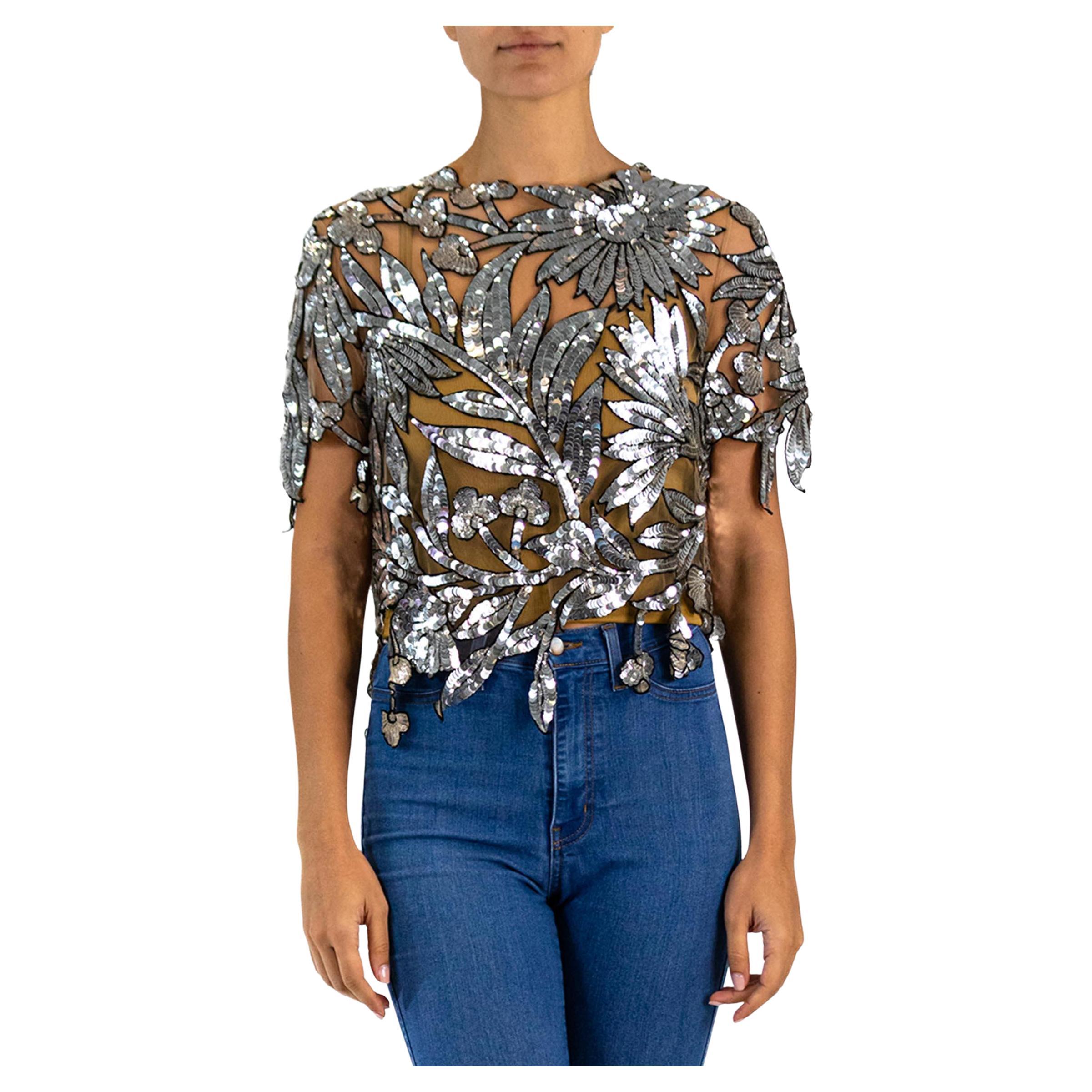 1980S Oscar De La Renta Oyster Grey & Silver Tulle Fully Beaded Cutwork Top For Sale