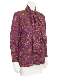 1980s Oscar de la Renta Pink and Purple Paisley Printed Bow Blouse