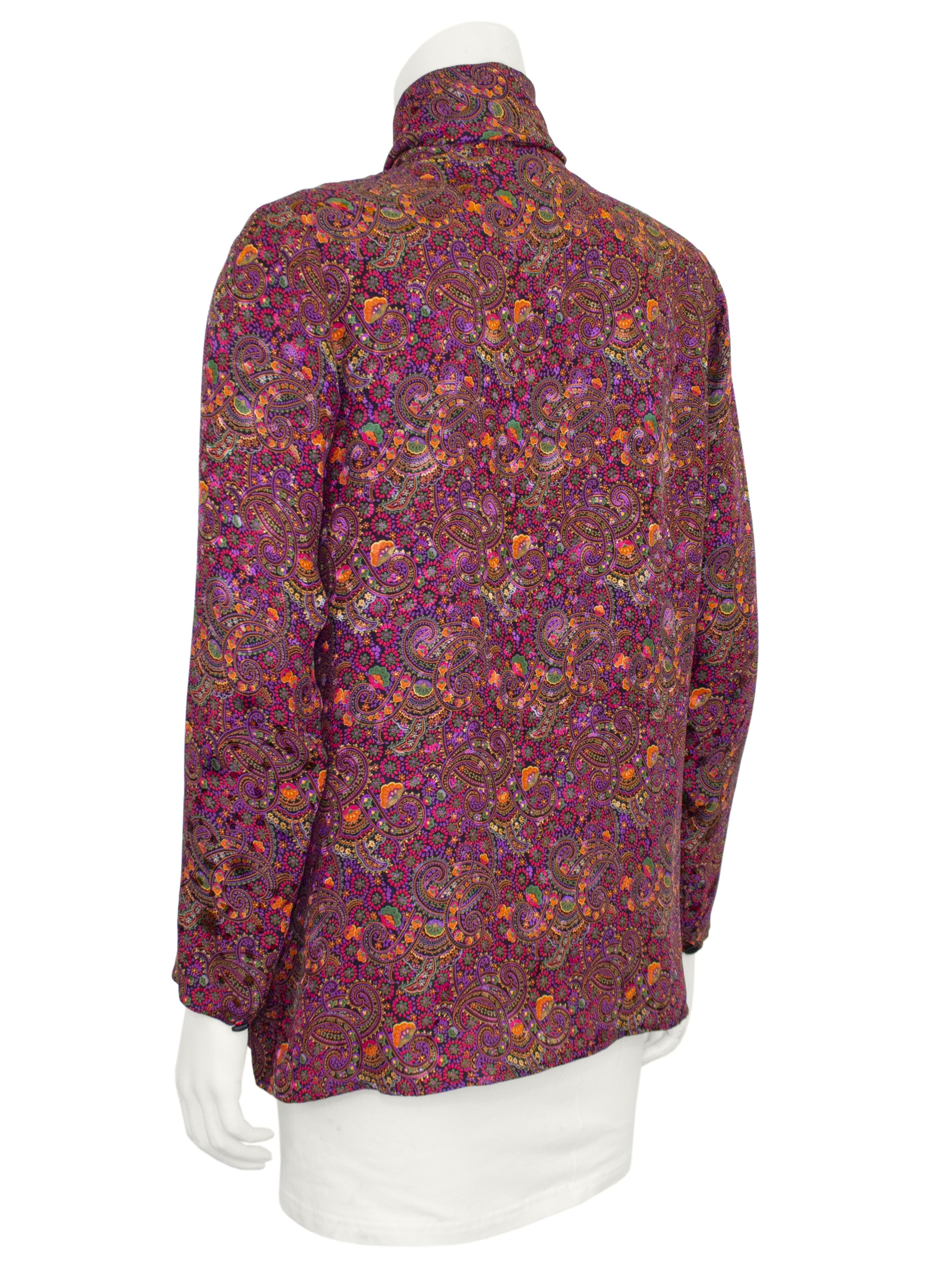 Brown 1980s Oscar de la Renta Pink and Purple Paisley Printed Bow Blouse For Sale