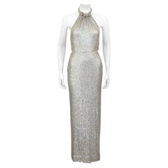 Vintage 1980s Oscar De La Renta Silver Sequin Halter Gown 