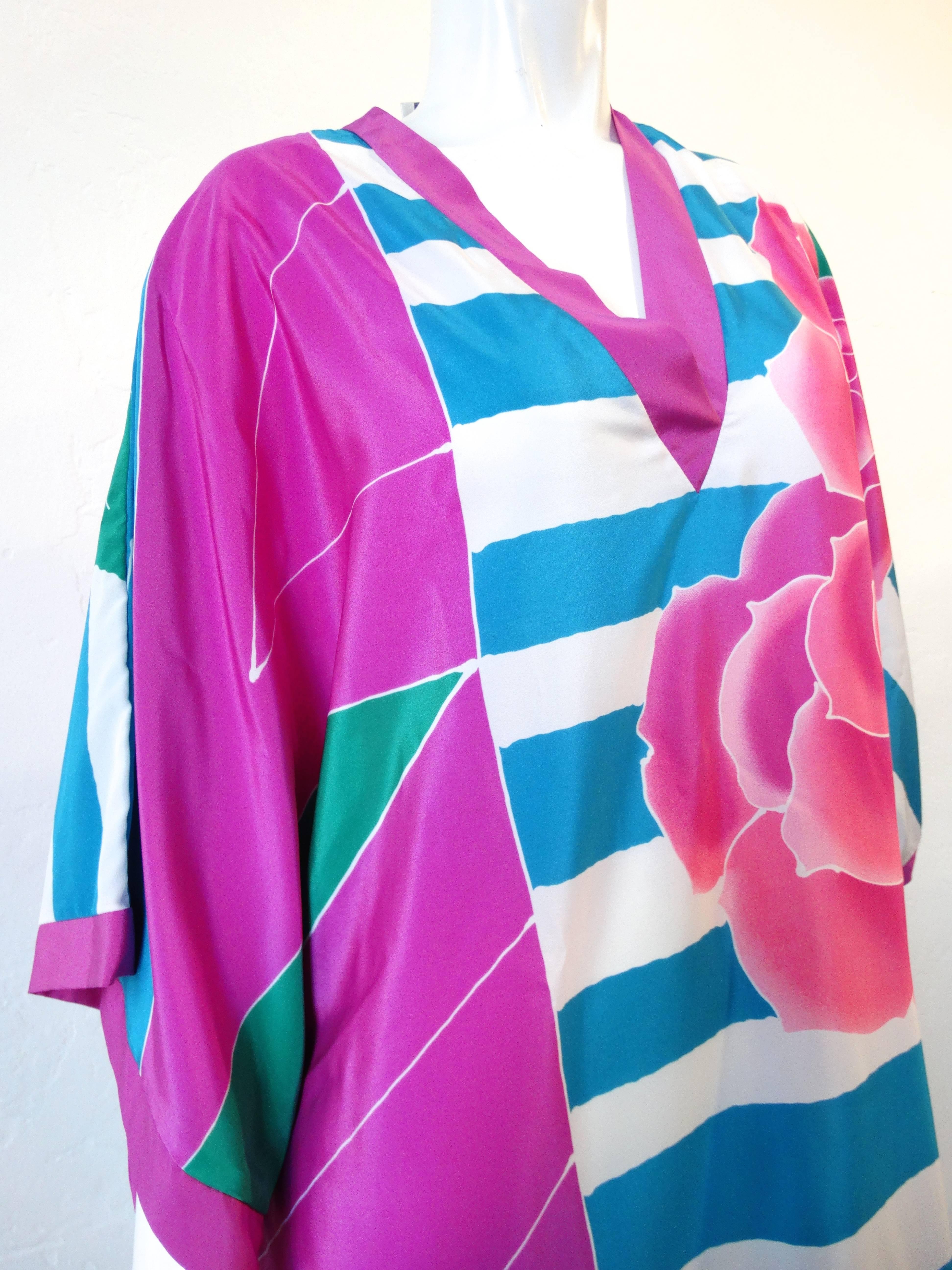 Purple 1980s Oscar De La Renta Striped Floral Kimono Gown