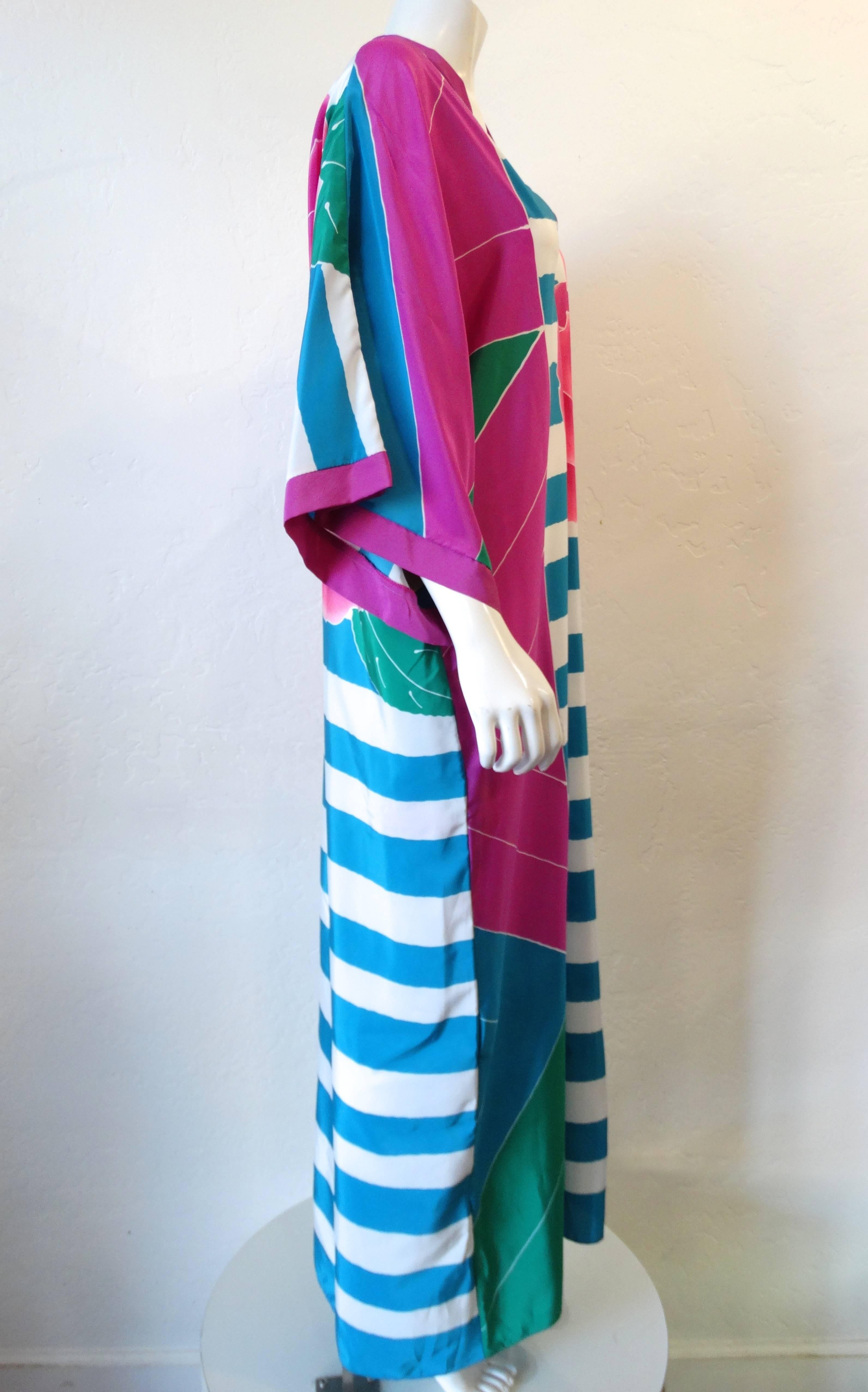 1980s Oscar De La Renta Striped Floral Kimono Gown In Excellent Condition In Scottsdale, AZ