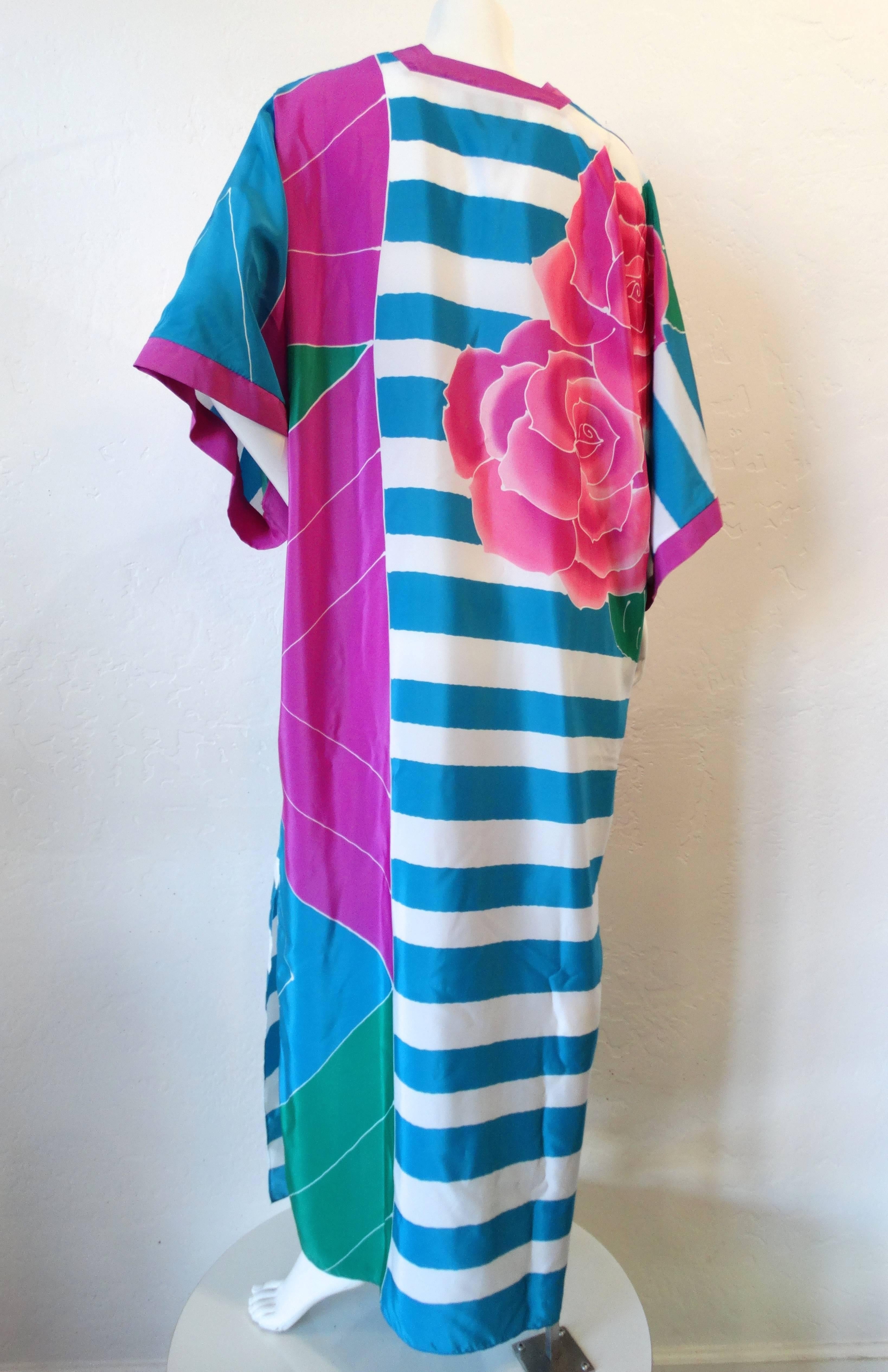 Women's 1980s Oscar De La Renta Striped Floral Kimono Gown