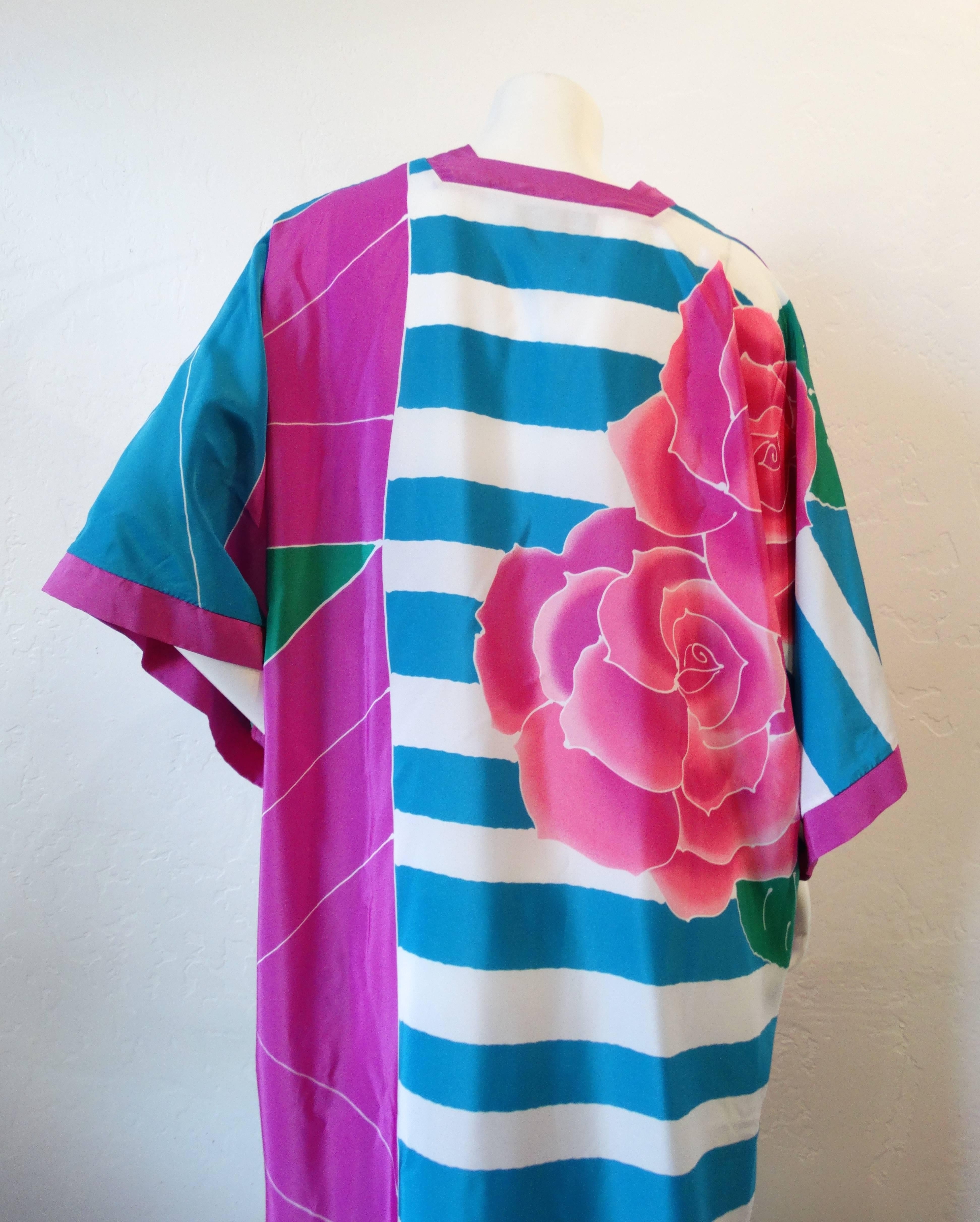 1980s Oscar De La Renta Striped Floral Kimono Gown 1