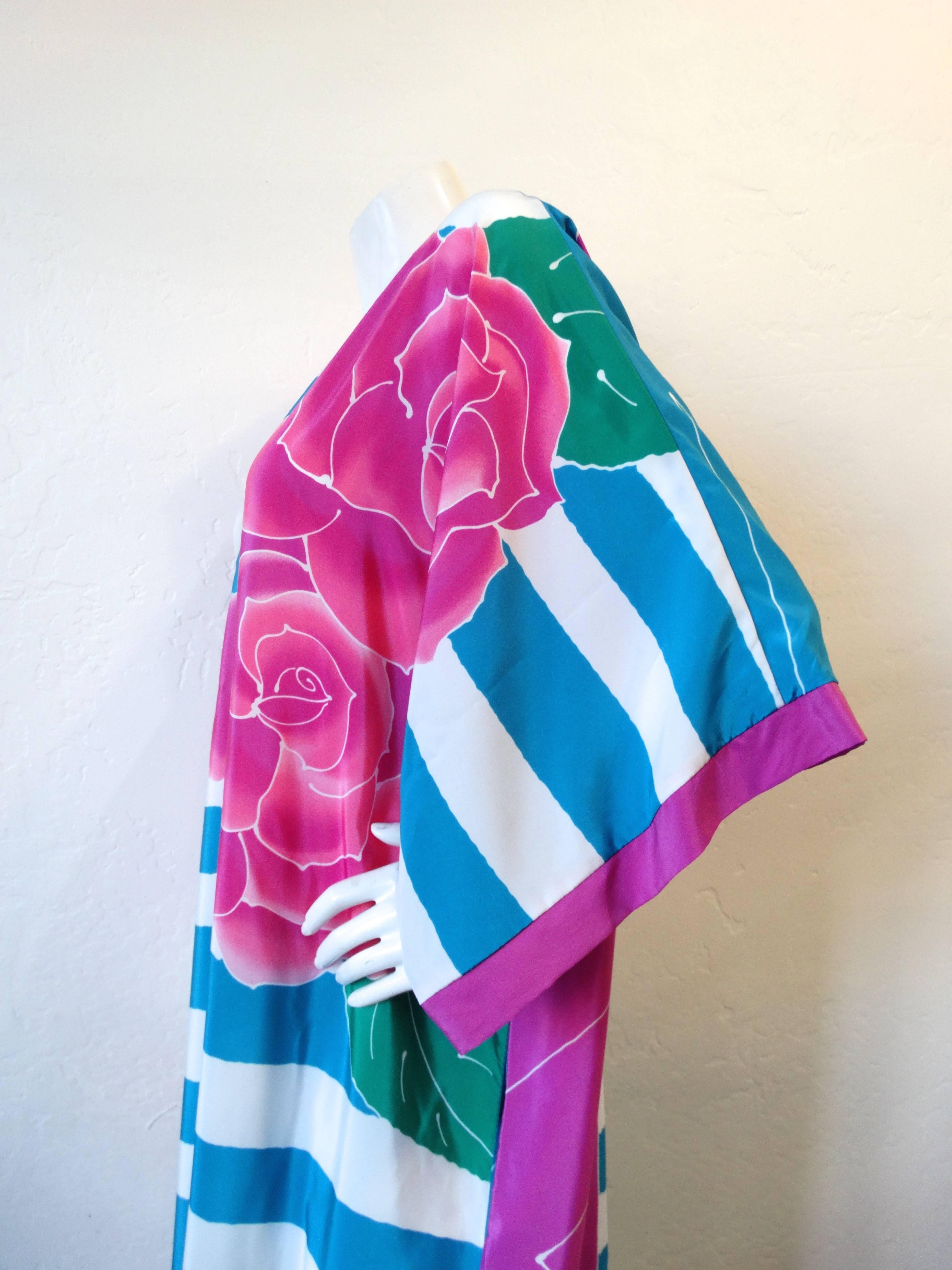 1980s Oscar De La Renta Striped Floral Kimono Gown 3