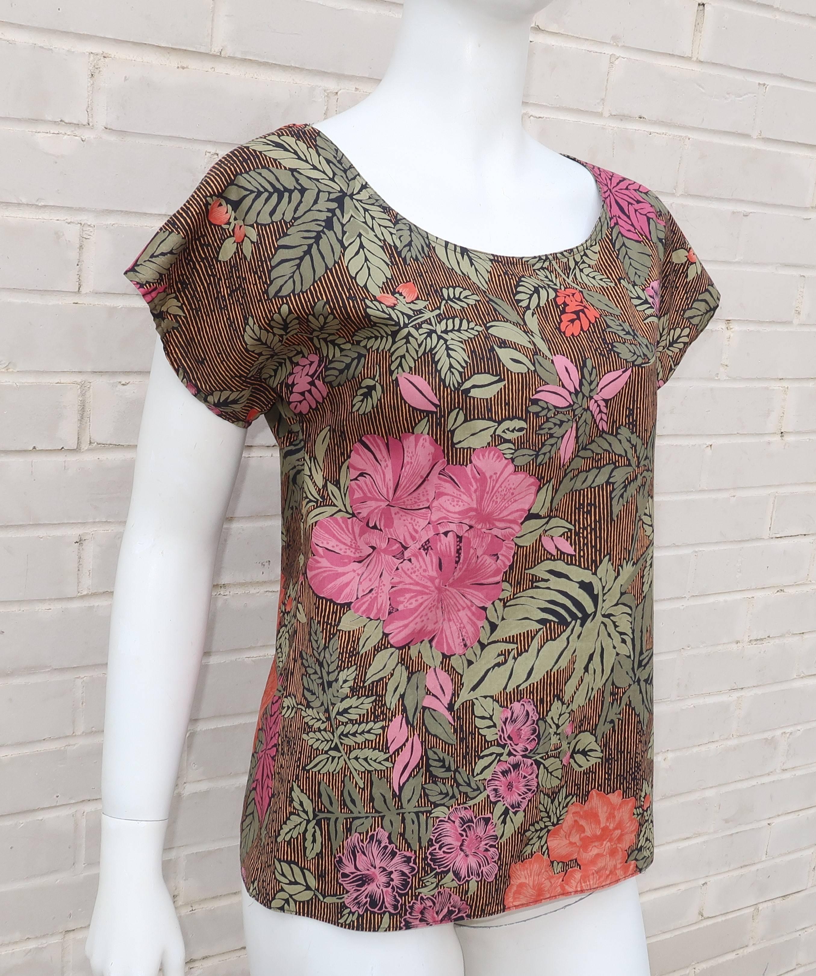 Brown 1980’s Oscar de la Renta Tropical Floral Cotton Top