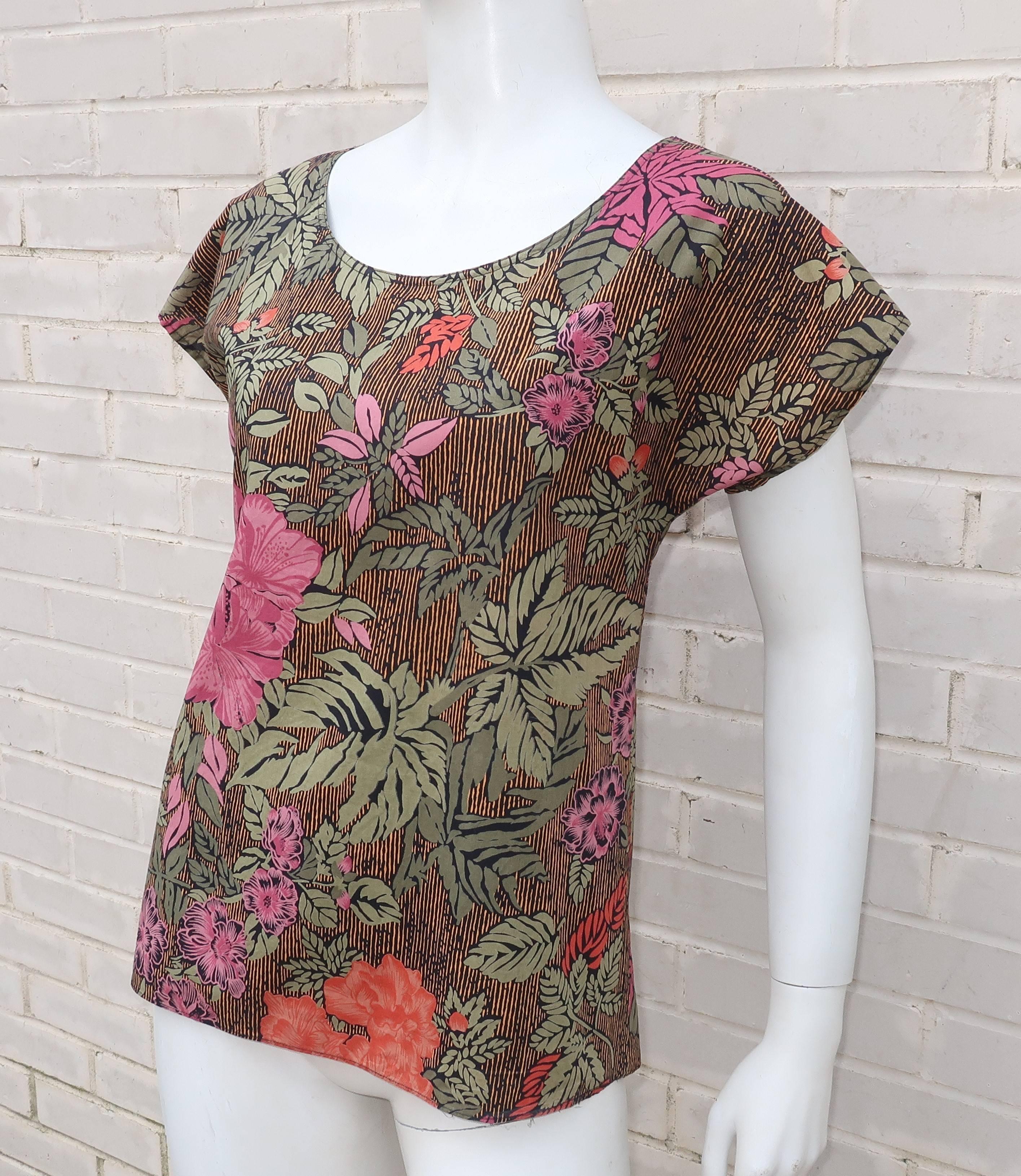 1980’s Oscar de la Renta Tropical Floral Cotton Top In Good Condition In Atlanta, GA