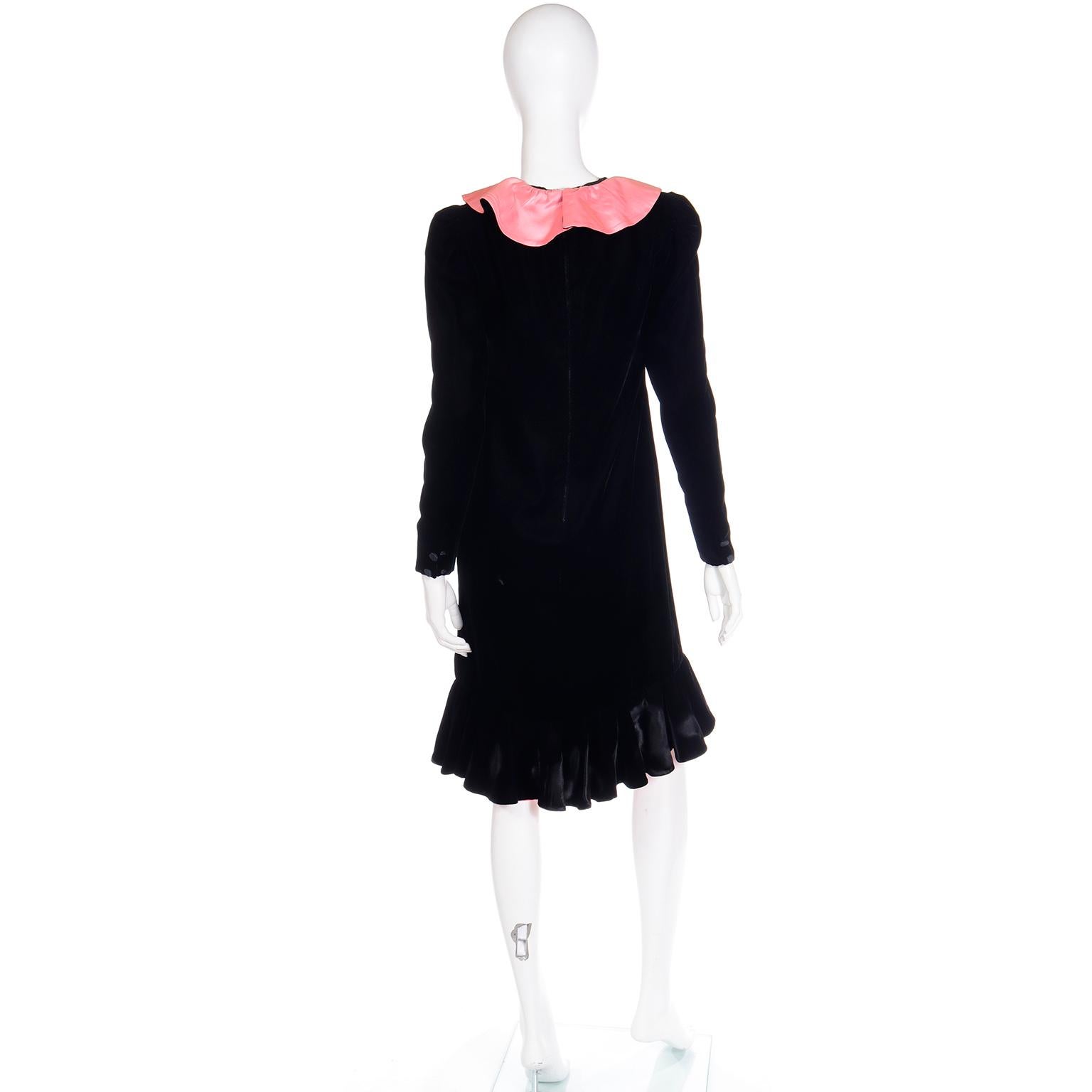 Women's 1980s Oscar de la Renta Vintage Black Velvet Dress w Pink Satin Ruffles For Sale