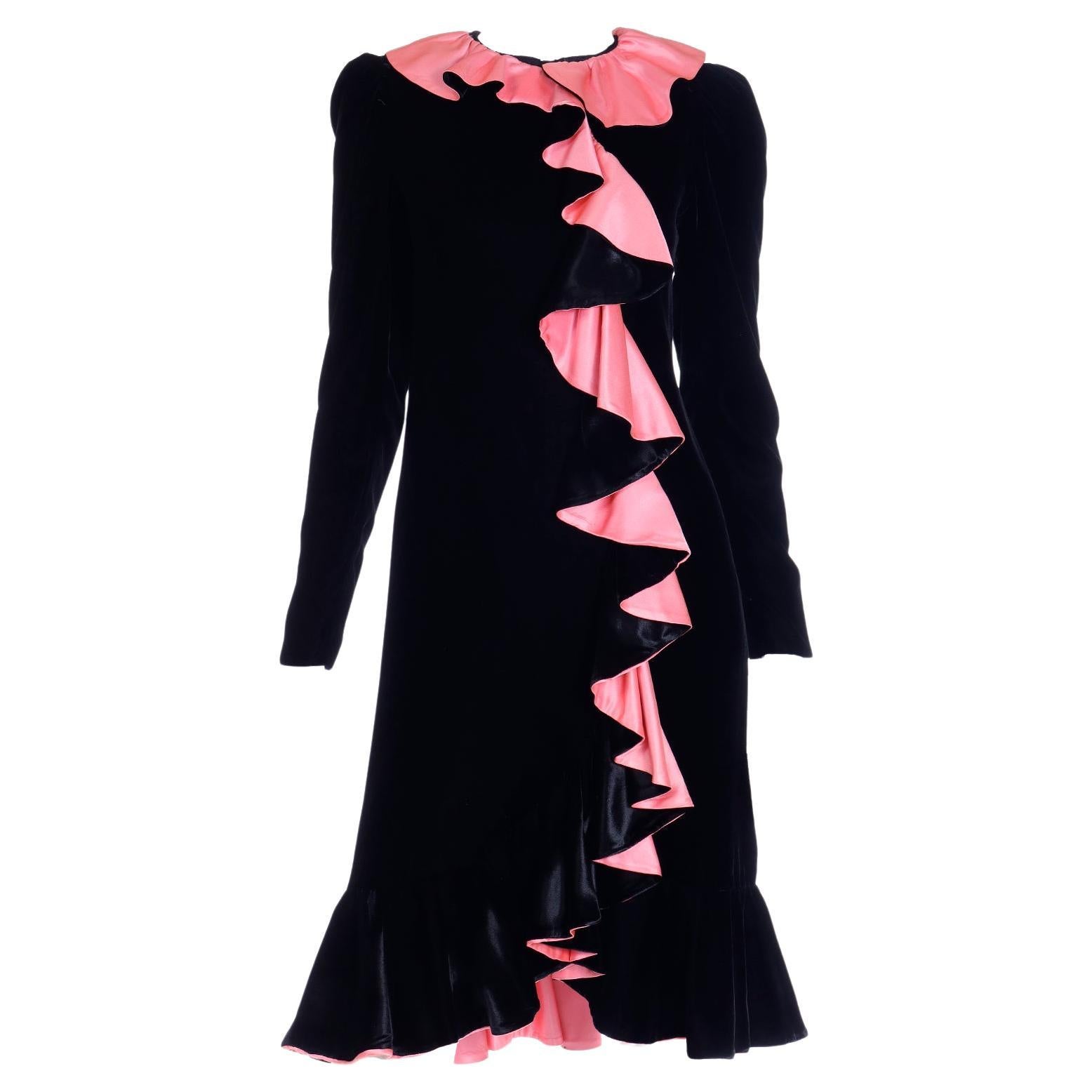1980s Oscar de la Renta Vintage Black Velvet Dress w Pink Satin Ruffles For Sale