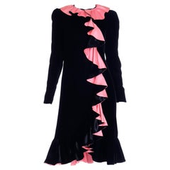 1980s Oscar de la Renta Retro Black Velvet Dress w Pink Satin Ruffles