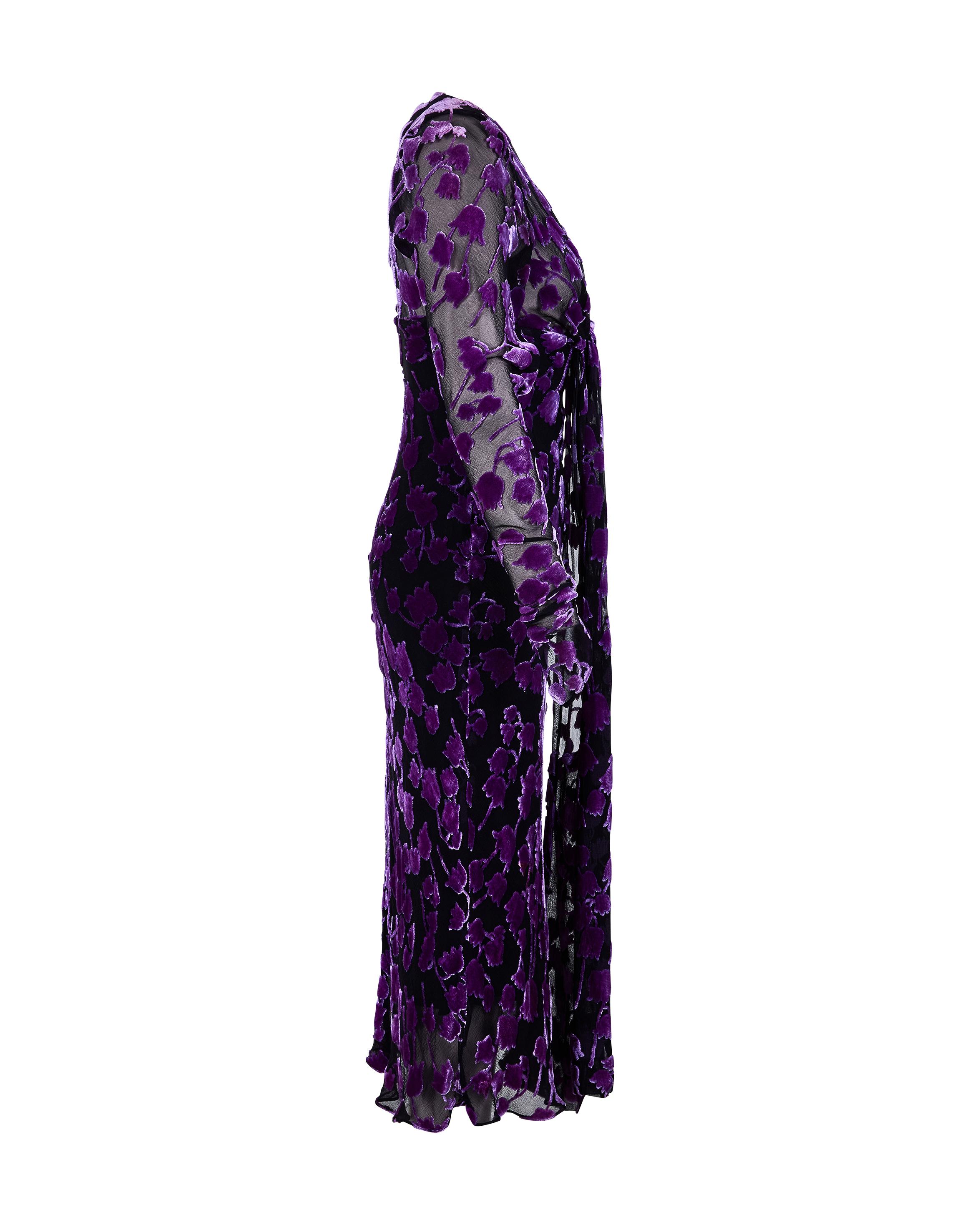 Women's 1980's Ossie Clark Purple Velvet Burnout Chiffon Dress