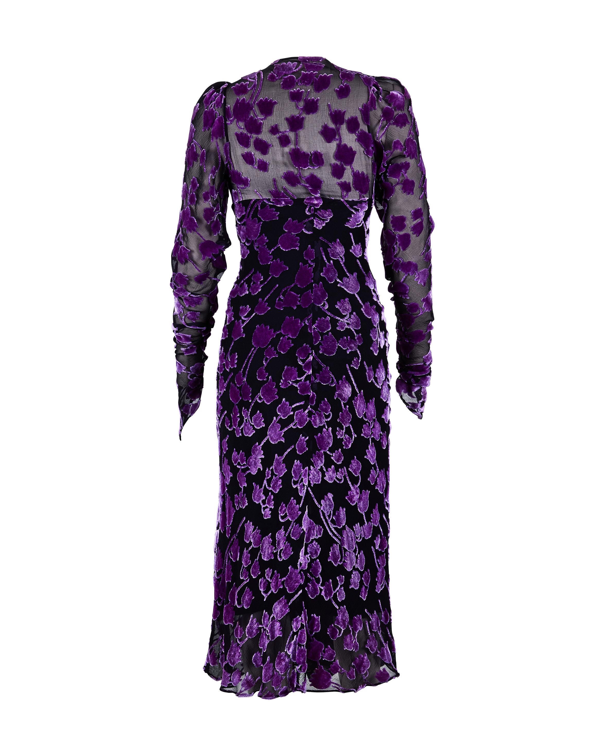 1980's Ossie Clark Purple Velvet Burnout Chiffon Dress 2