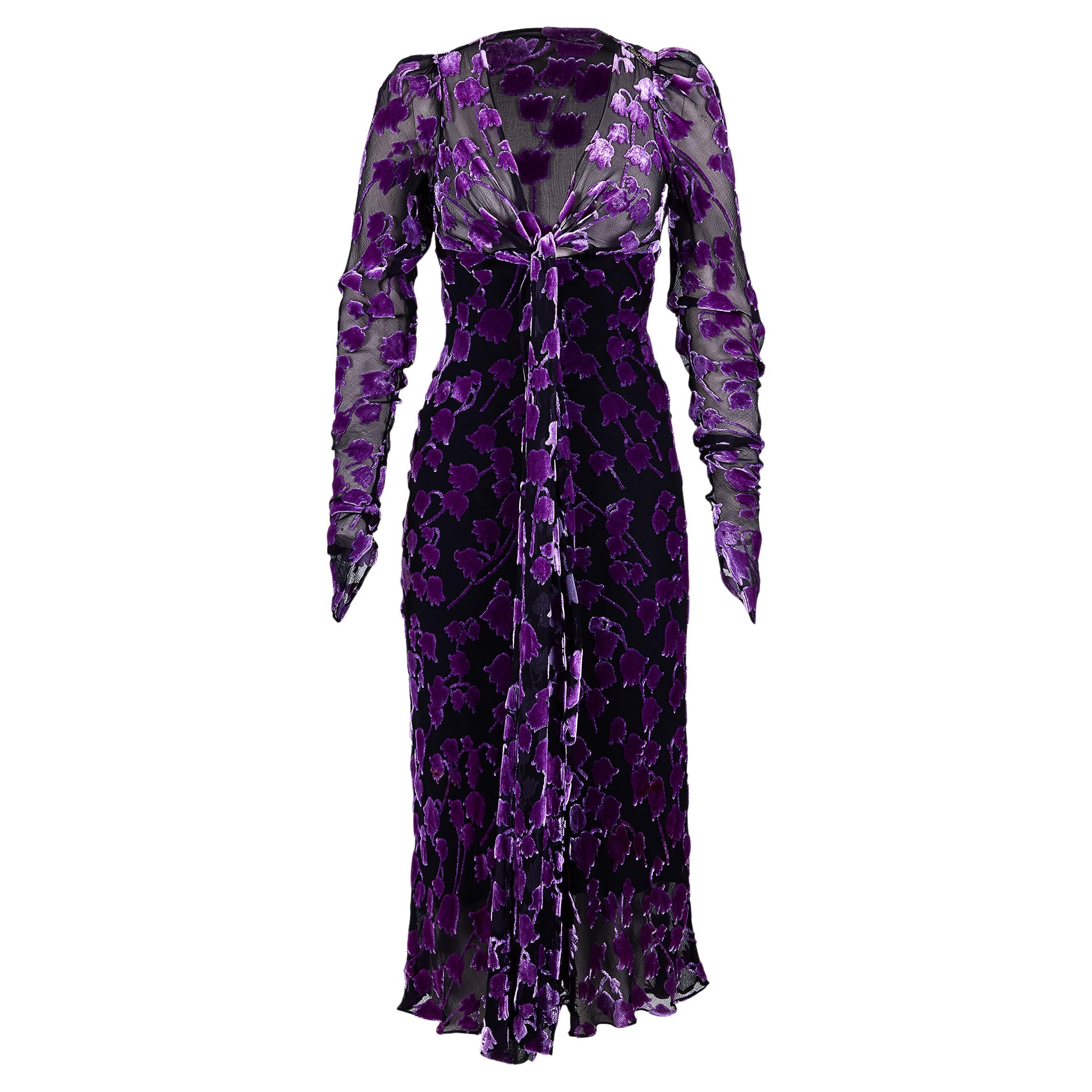 1980's Ossie Clark Purple Velvet Burnout Chiffon Dress