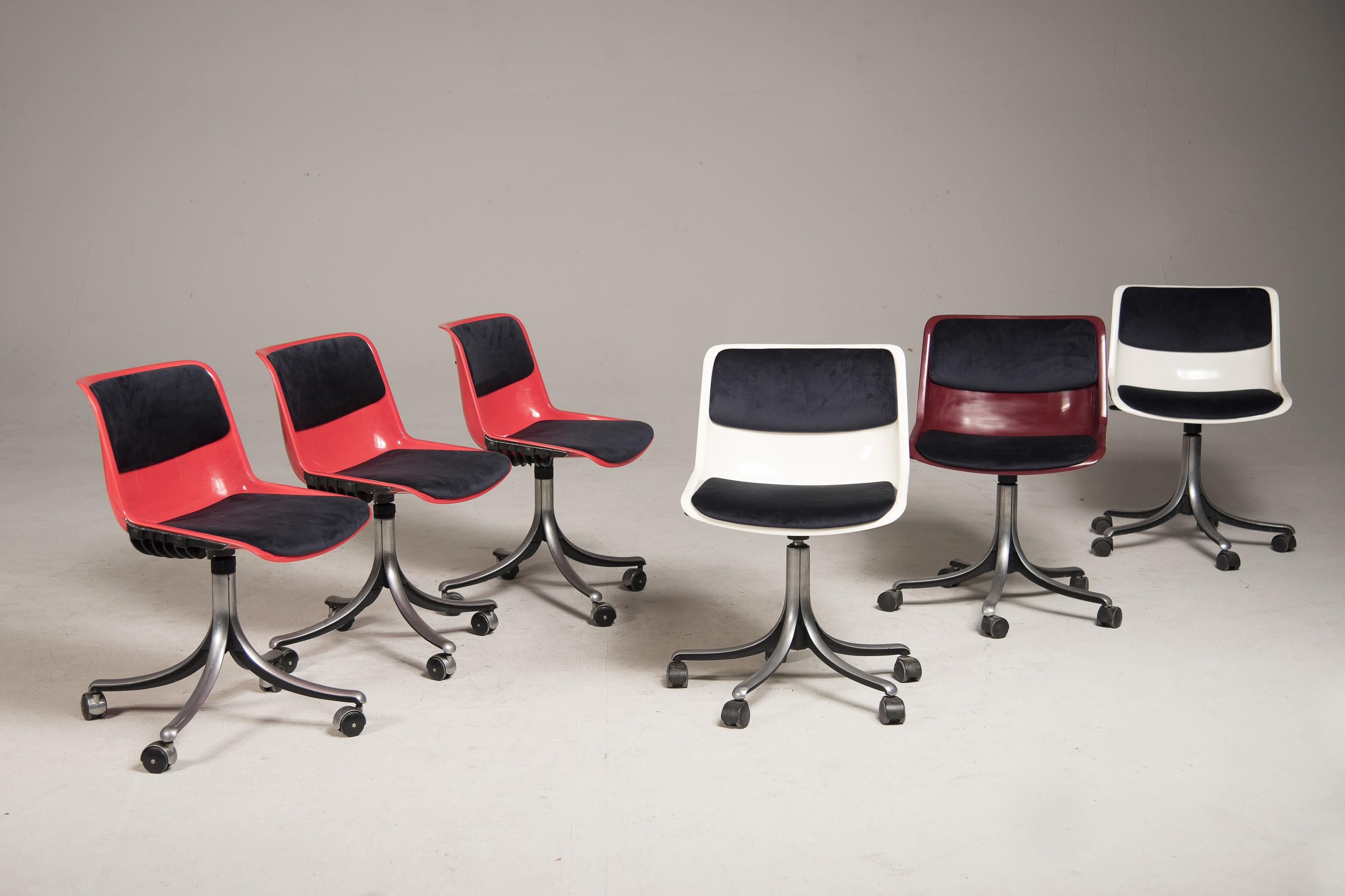 Six office swivel wheeled chairs by Osvaldo Borsani for Tecno, made in Italy in 1980s. Stamped on the bottom and marked Tecno on the side, made of red, white and wine color plastic. The base is 5-star metal. Chairs are all original and in good