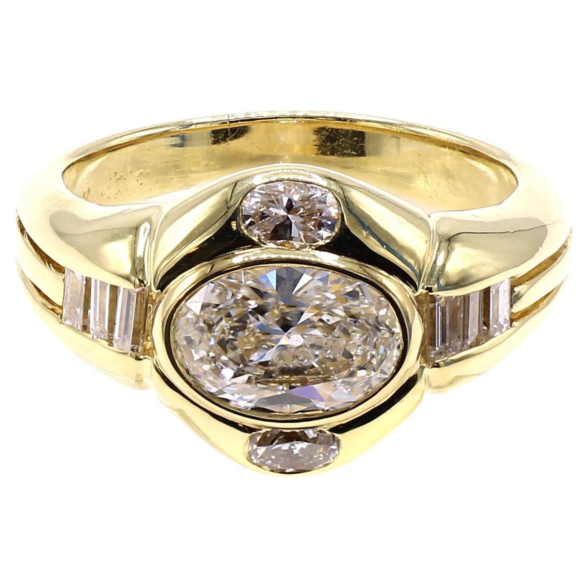 1980s Oval Certified Diamond 18 Karat Yellow Gold Engagement Ring For Sale
