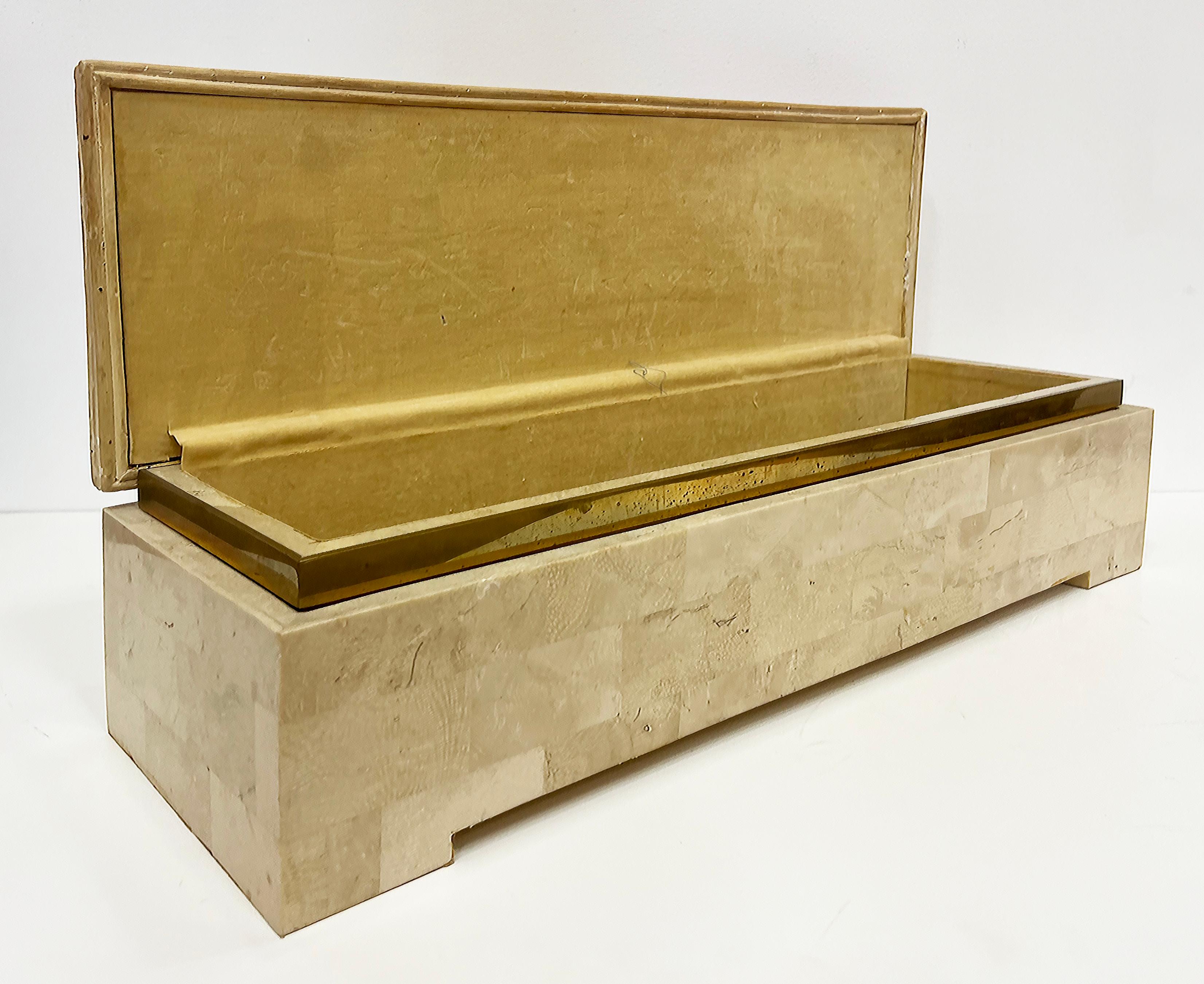 Modern 1980s Overscale Maitland-Smith Tessellated Stone Box with Reed and Brass 