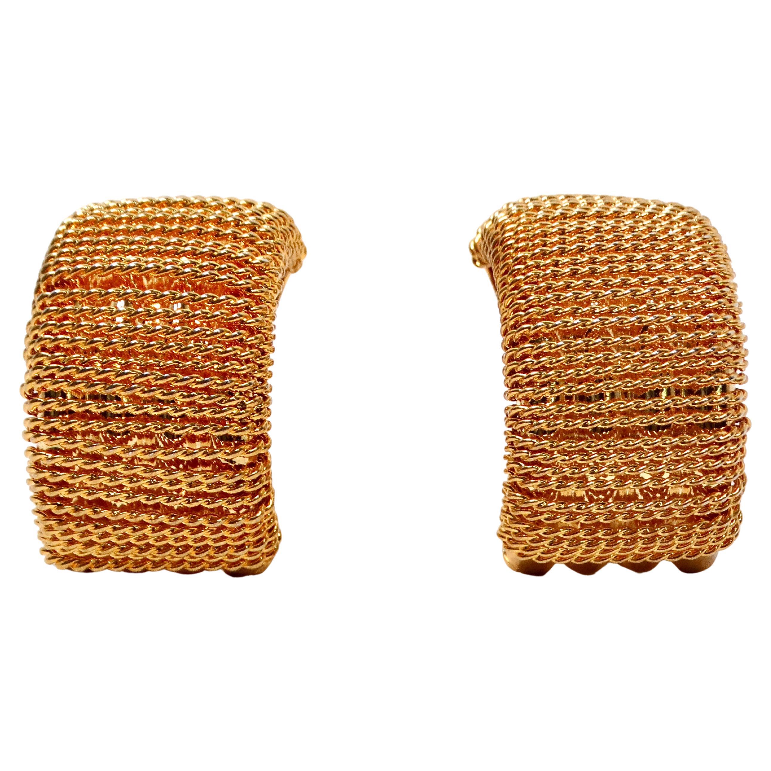 1980s Oversized 18k Gold Plated Rope Chain Statement Clip-On Earrings For Sale