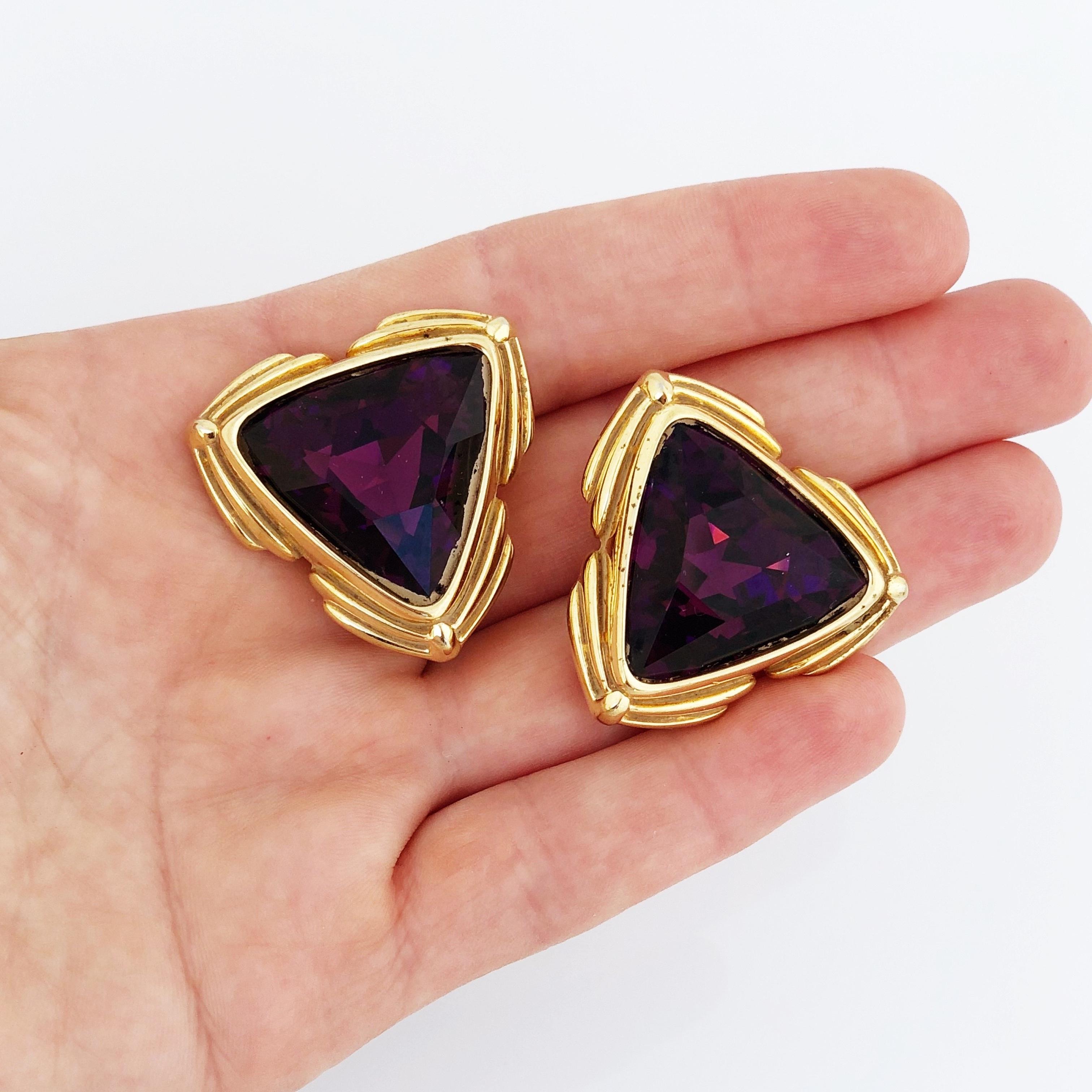 Modern 1980s Oversized Gold & Amethyst Crystal Triangle Statement Earrings By Swarovski For Sale
