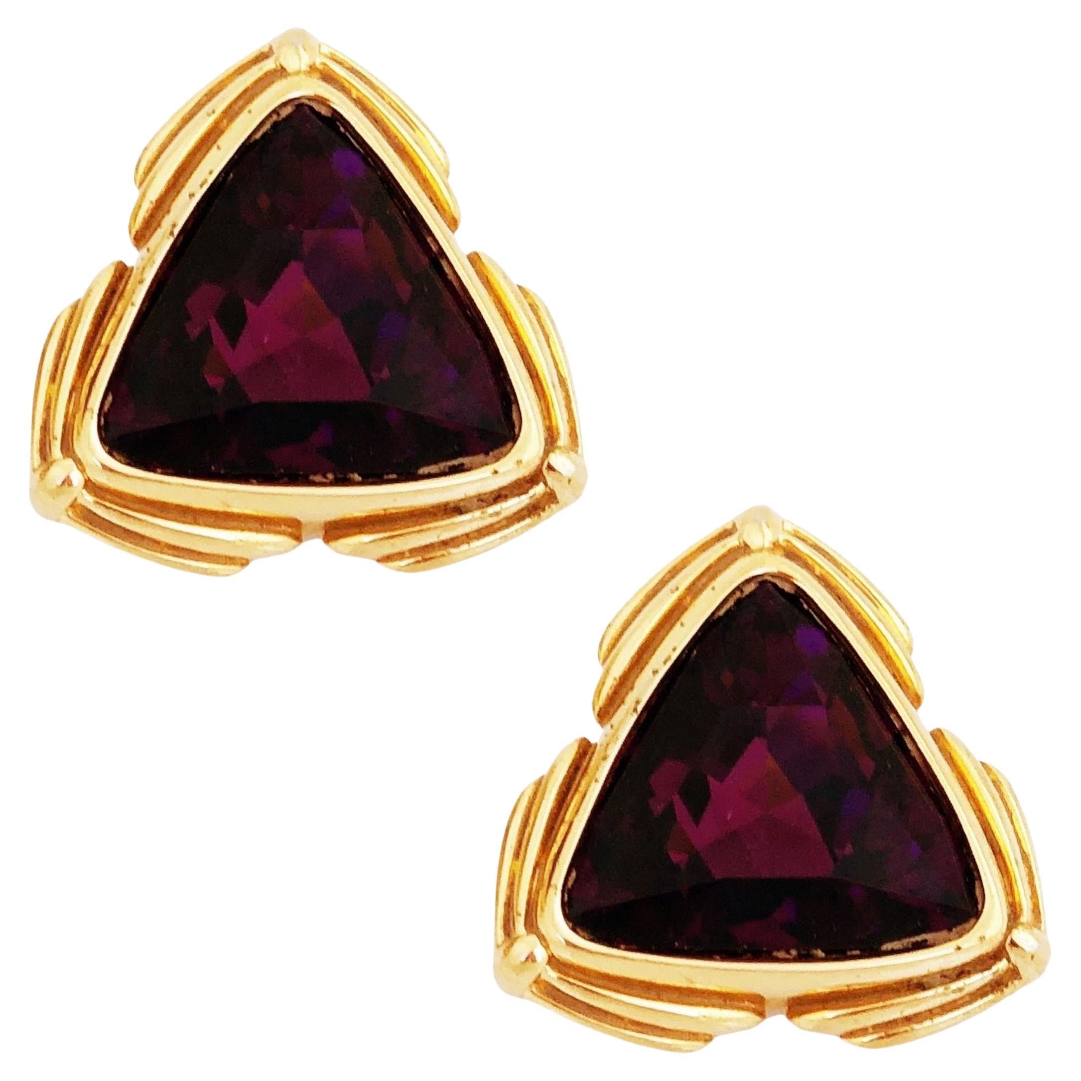 1980s Oversized Gold & Amethyst Crystal Triangle Statement Earrings By Swarovski For Sale