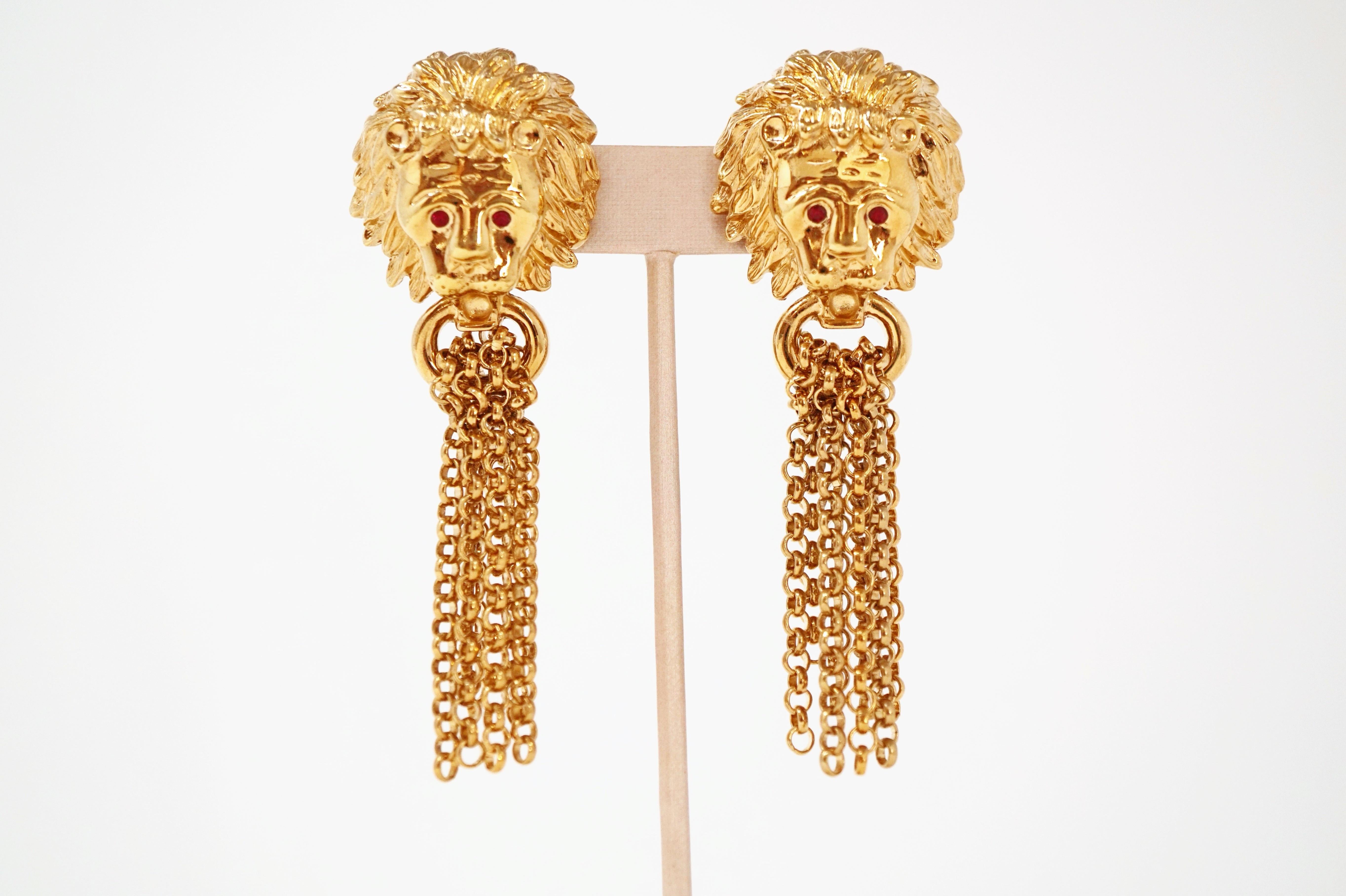 Modern 1980s Oversized Italian Designer Lion Statement Earrings with Chain Tassels