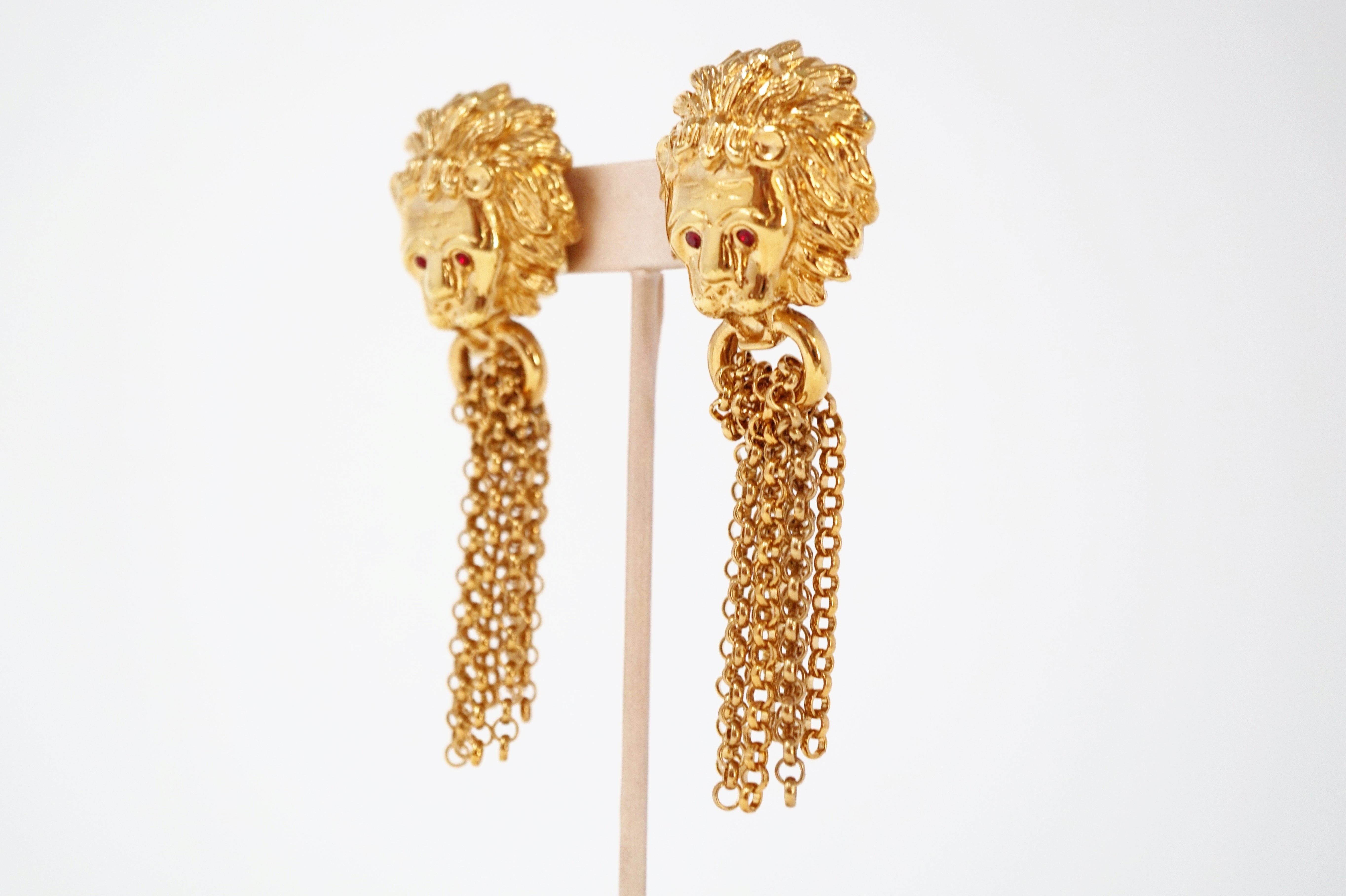 1980s Oversized Italian Designer Lion Statement Earrings with Chain Tassels In Excellent Condition In McKinney, TX