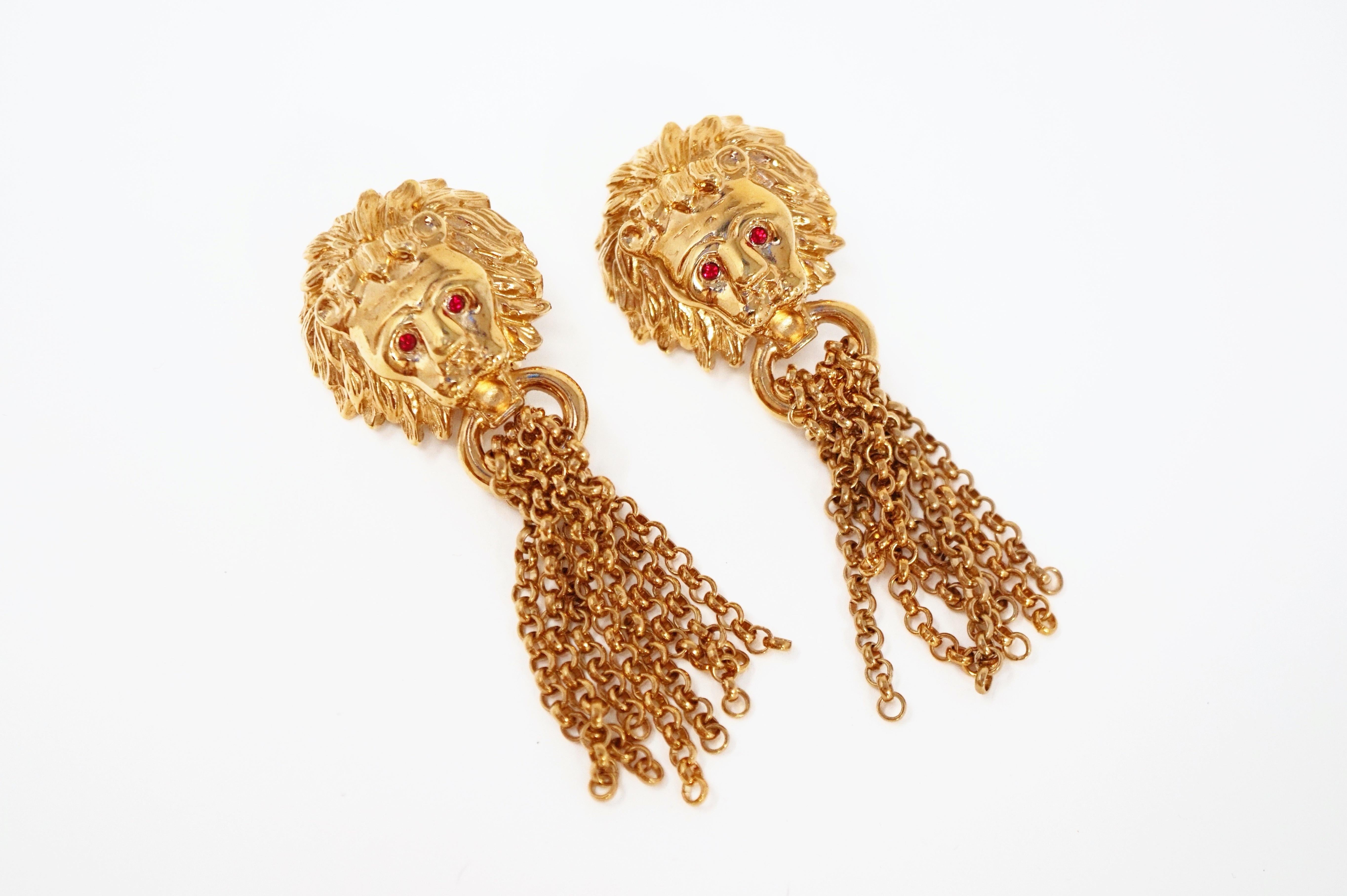 Women's 1980s Oversized Italian Designer Lion Statement Earrings with Chain Tassels