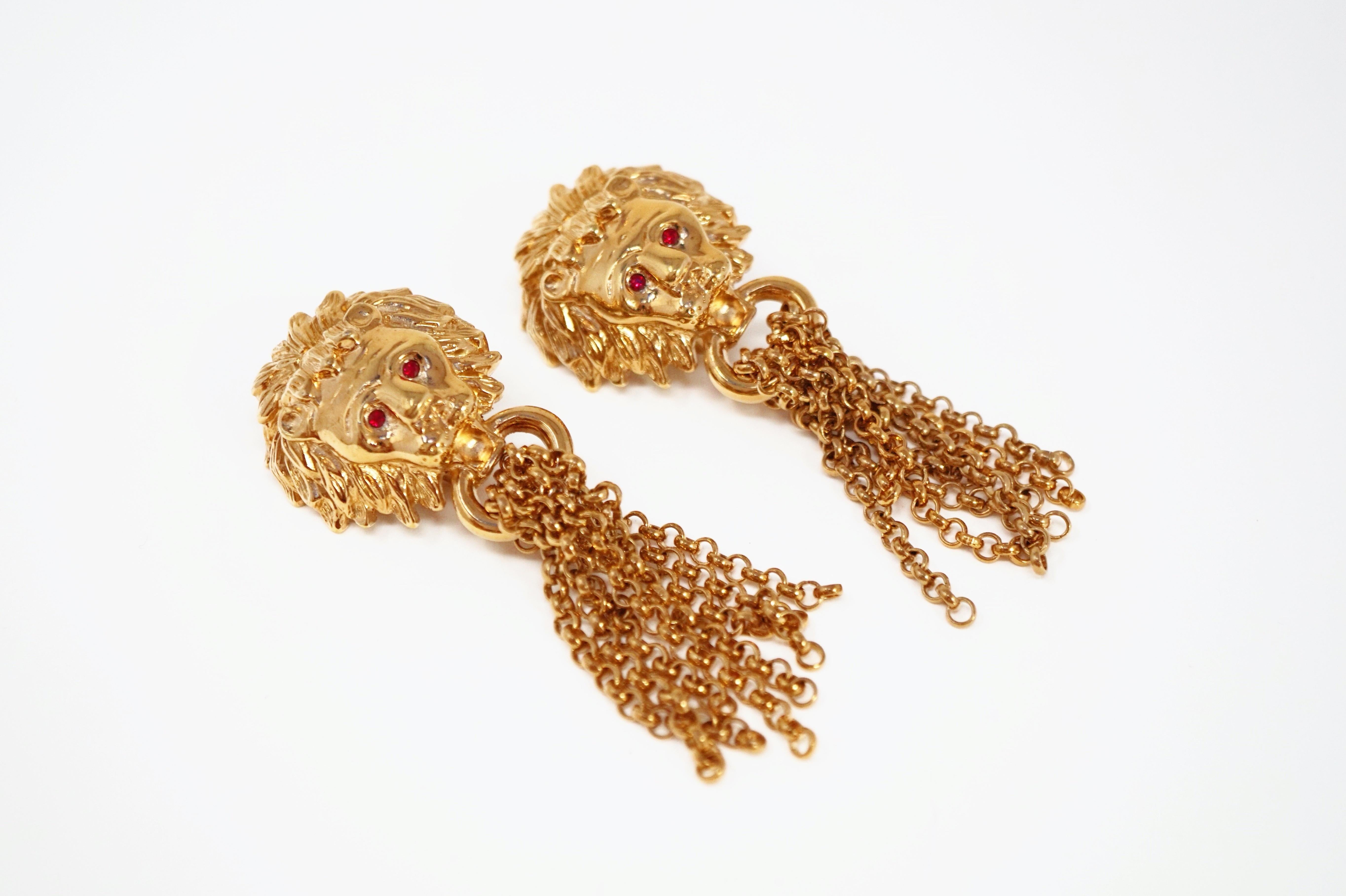 1980s Oversized Italian Designer Lion Statement Earrings with Chain Tassels 1