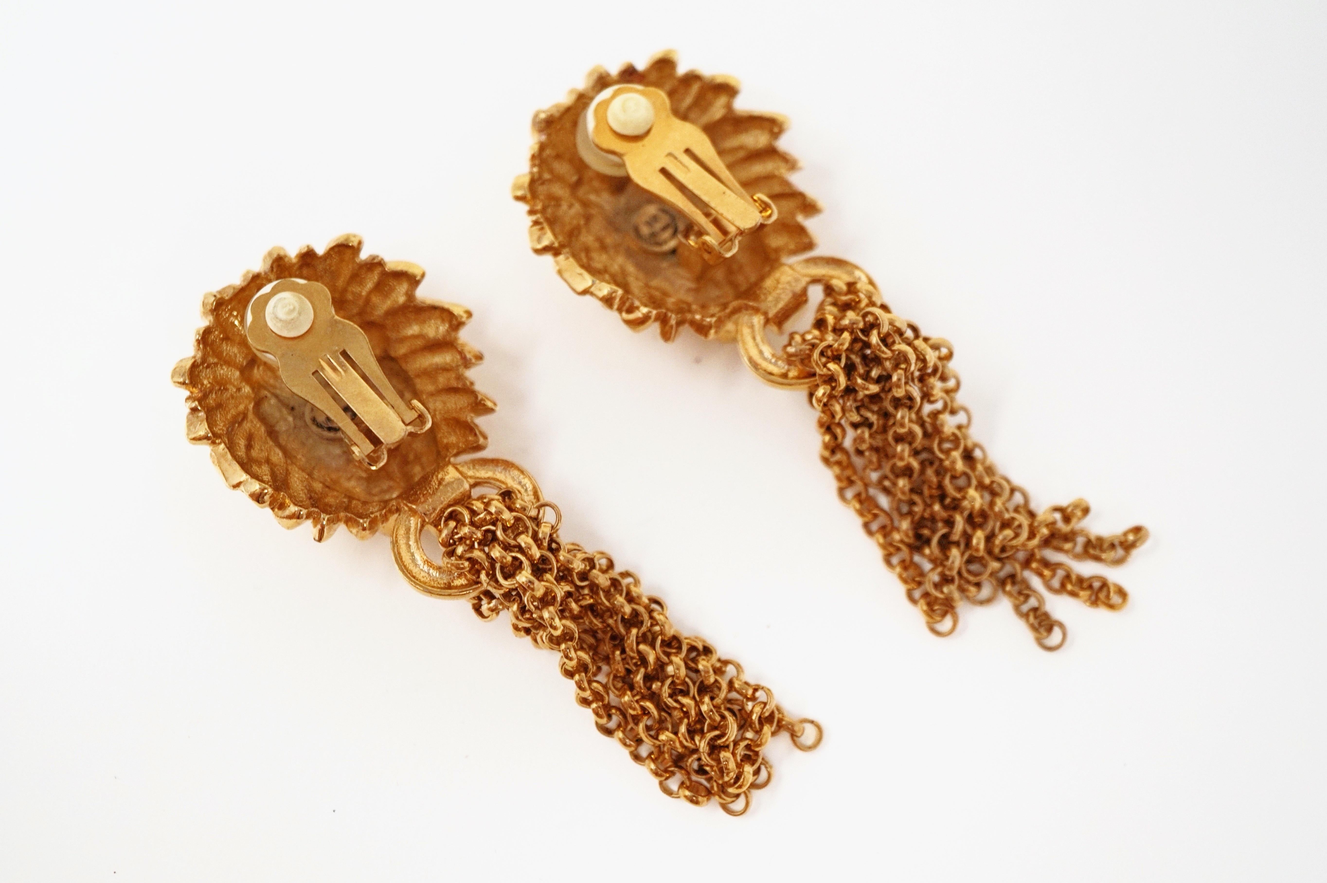 1980s Oversized Italian Designer Lion Statement Earrings with Chain Tassels 3