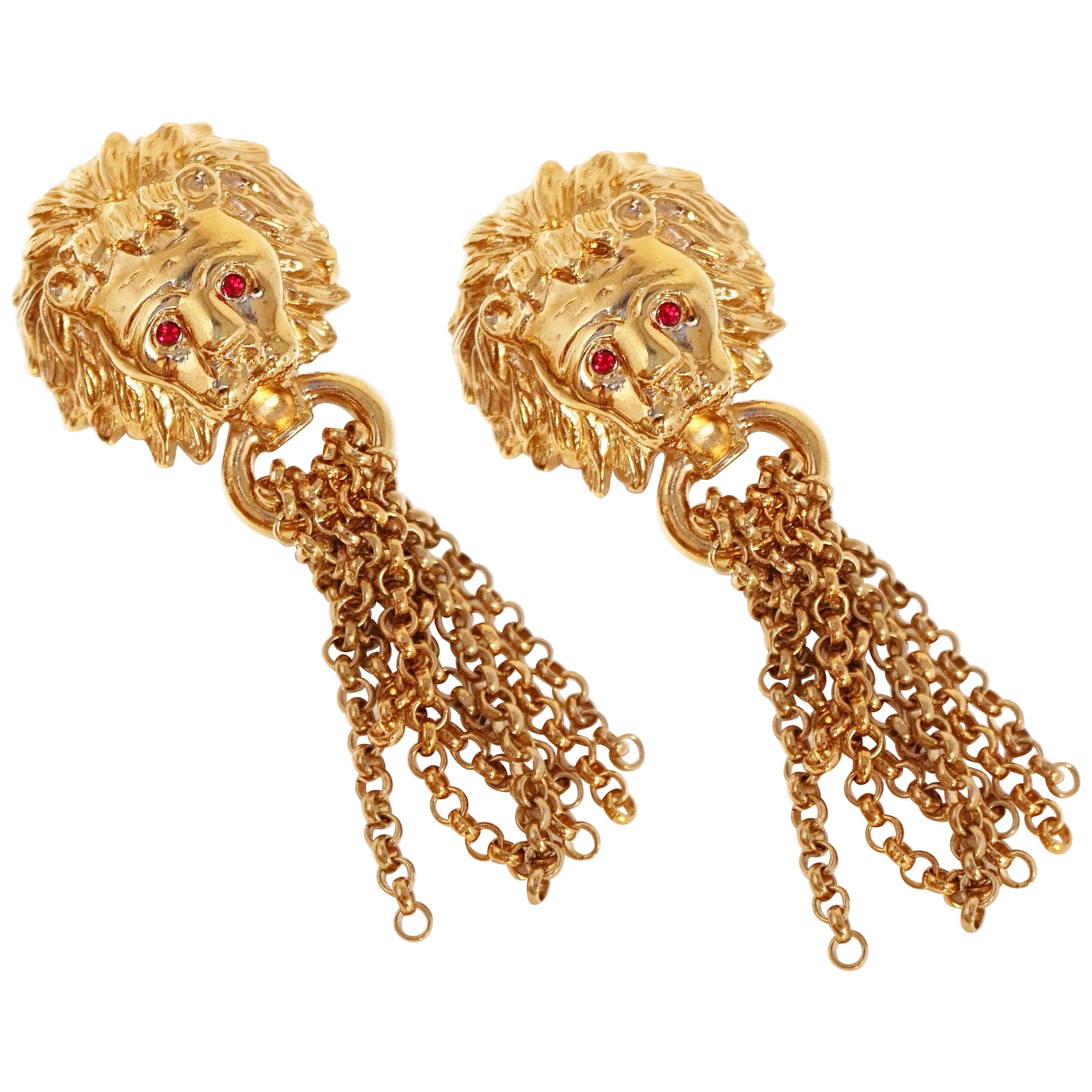 1980s Oversized Italian Designer Lion Statement Earrings with Chain Tassels