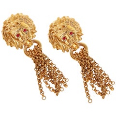 1980s Oversized Italian Designer Lion Statement Earrings with Chain Tassels