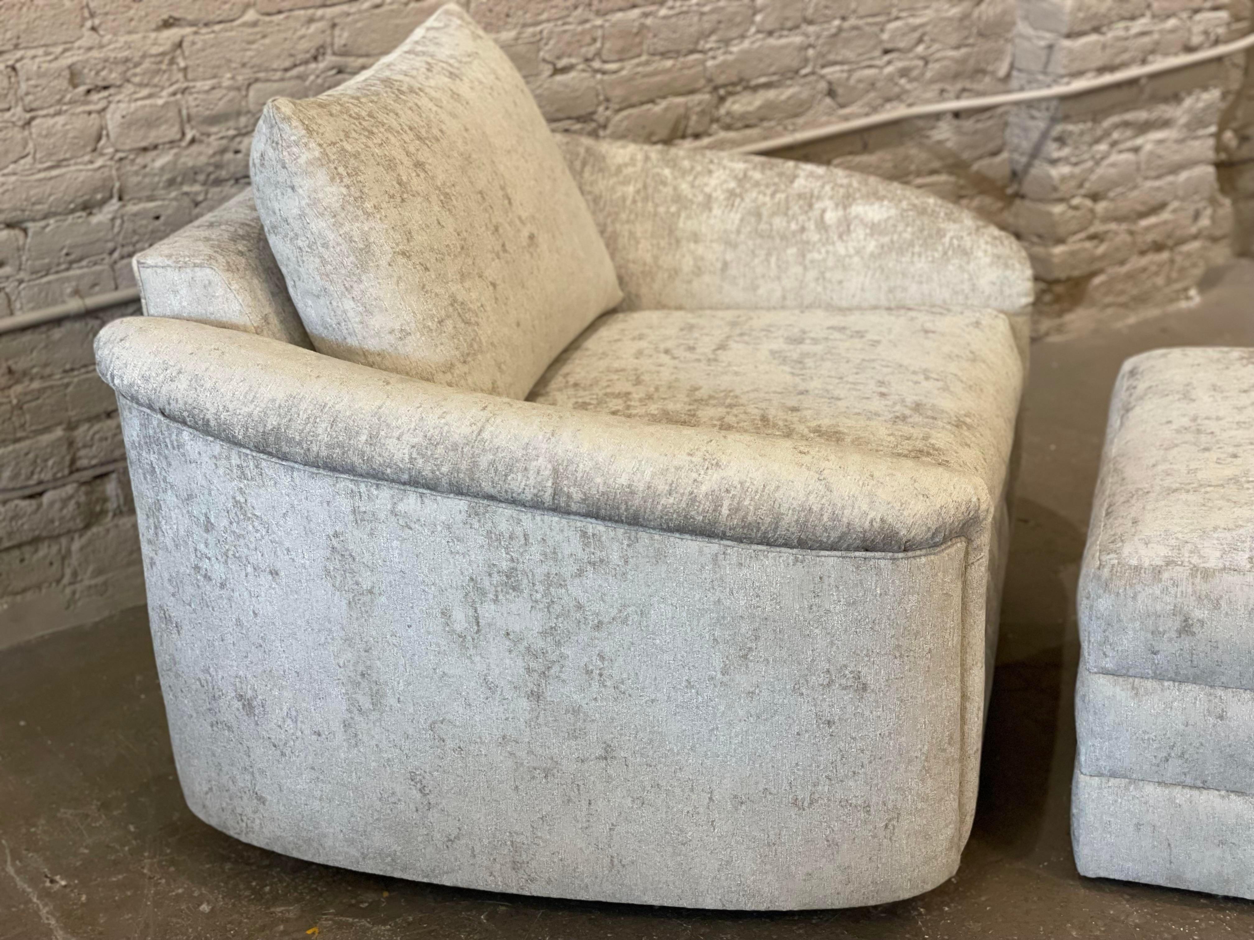 Post-Modern 1980s Oversized Postmodern Swivel Chair and Ottoman Reupholstered - Set of 2 For Sale