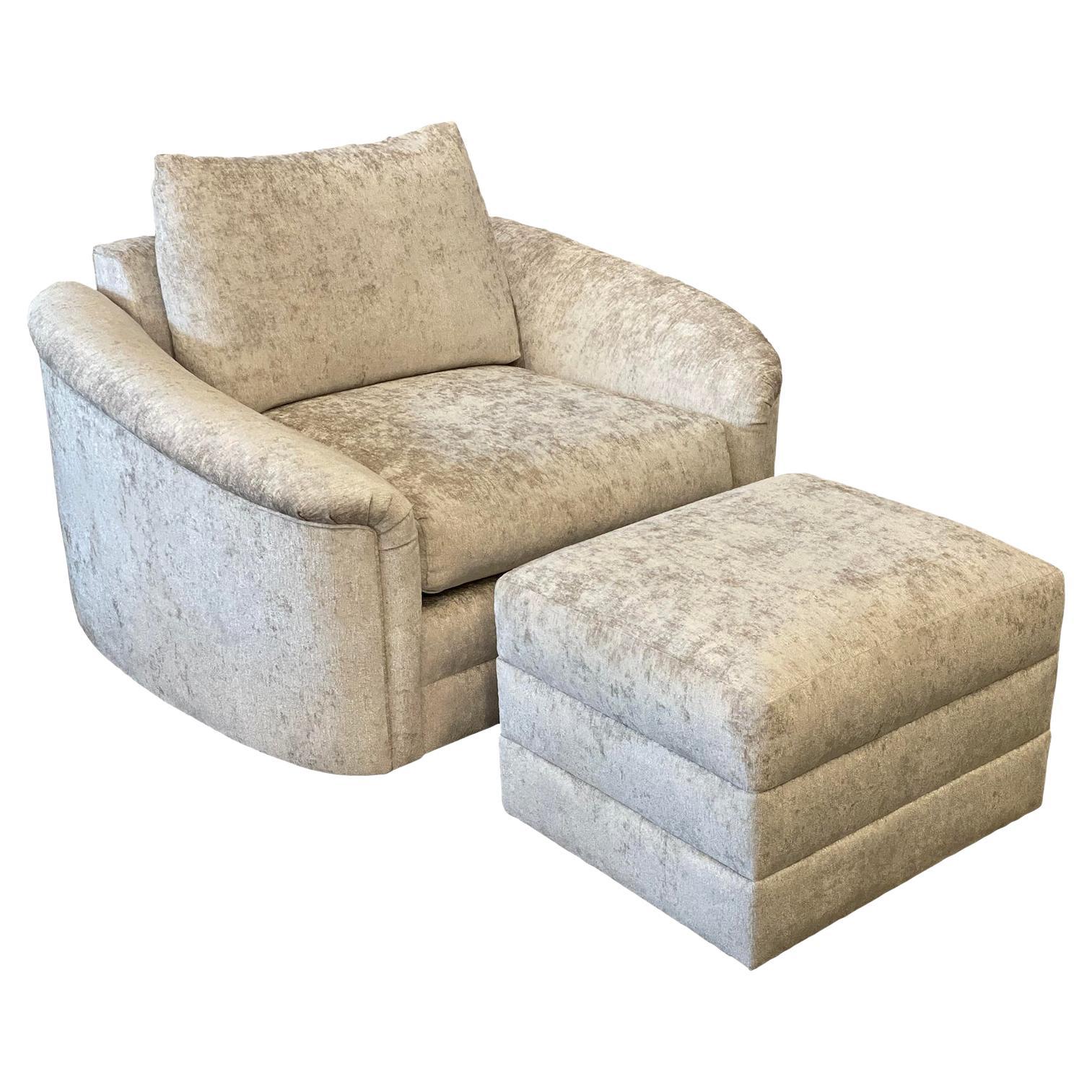 1980s Oversized Postmodern Swivel Chair and Ottoman Reupholstered - Set of 2 For Sale