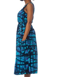 1980'S Turquoise & Black Rayon Oversized Tie Dye Dress With Pockets