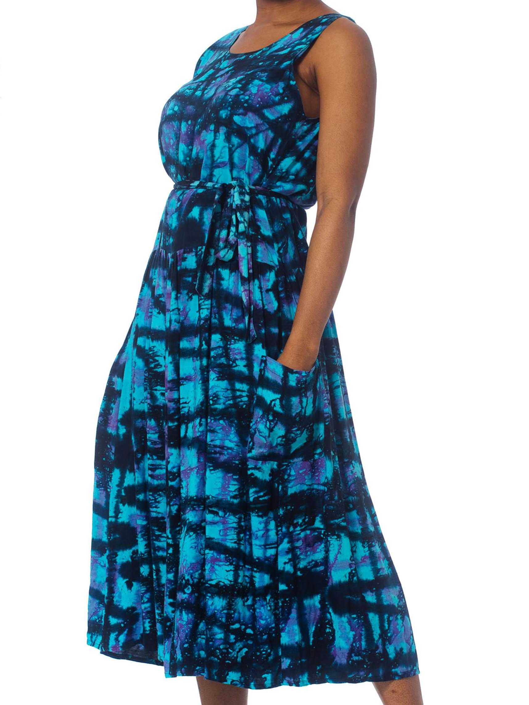 Women's 1980'S Turquoise & Black Rayon Oversized Tie Dye Dress With Pockets For Sale