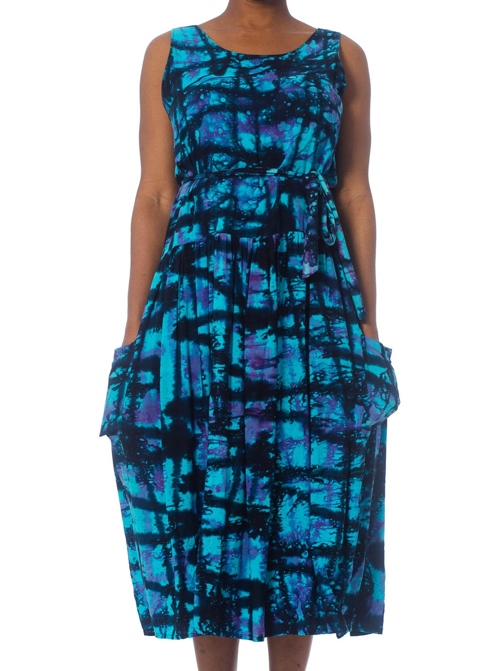 1980'S Turquoise & Black Rayon Oversized Tie Dye Dress With Pockets For Sale 1