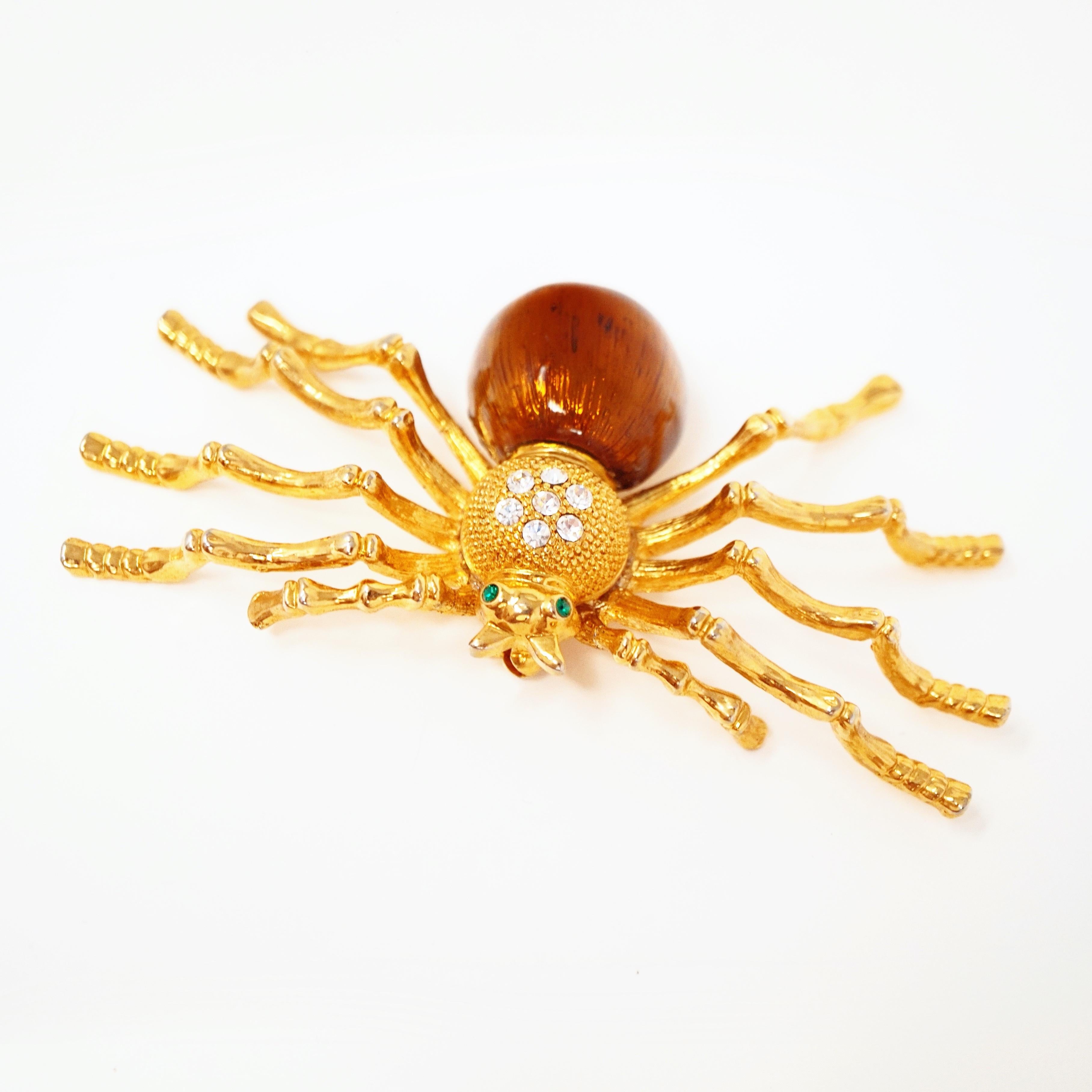 1980s Oversized Spider Gilt & Enamel Statement Costume Brooch with Rhinestones In Excellent Condition For Sale In McKinney, TX
