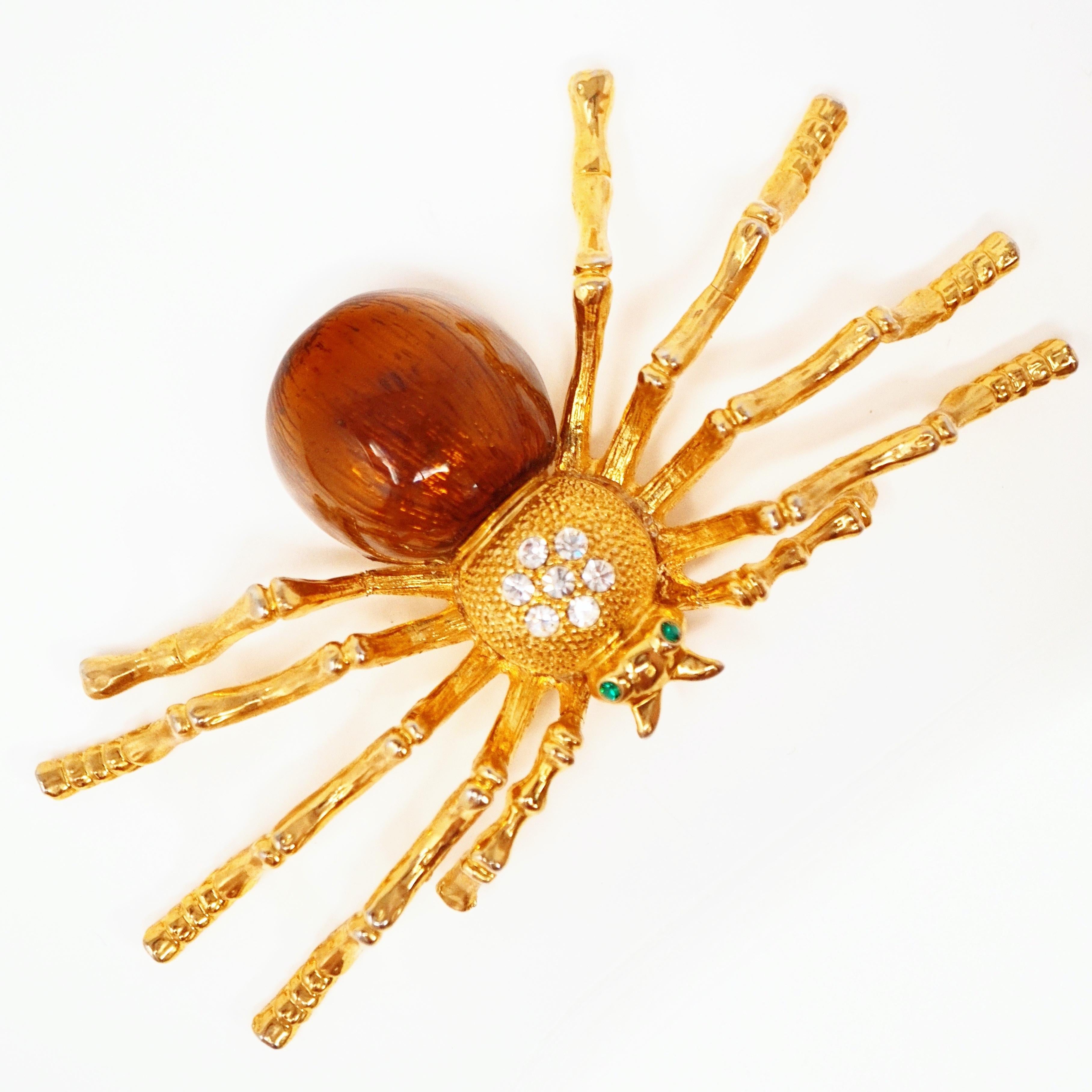 Women's 1980s Oversized Spider Gilt & Enamel Statement Costume Brooch with Rhinestones For Sale