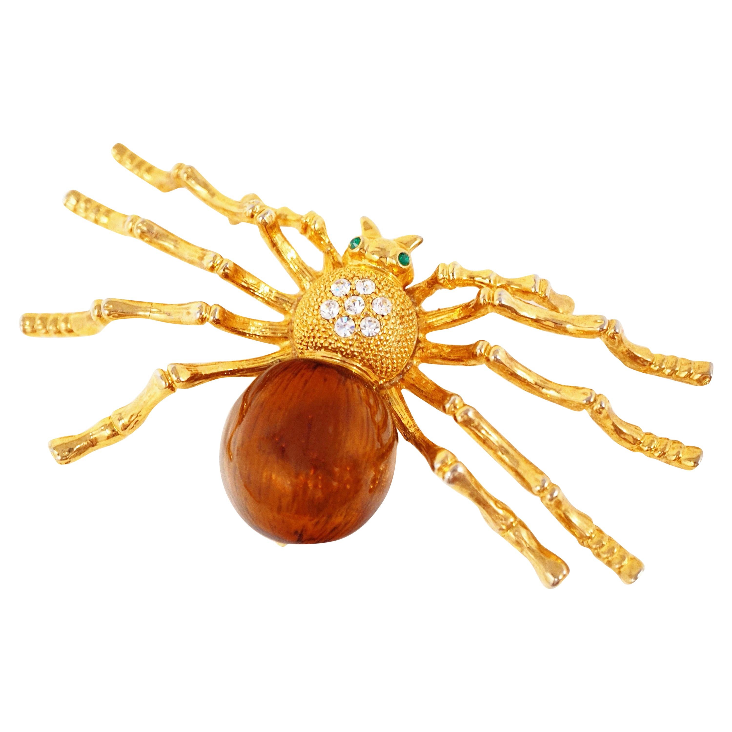 Broche fantaisie surdimensionnée en forme d'araignée, dorée et émaillée, avec strass, années 1980