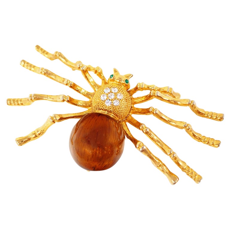 Broche fantaisie surdimensionnée en forme d'araignée, dorée et émaillée,  avec strass, années 1980 En vente sur 1stDibs