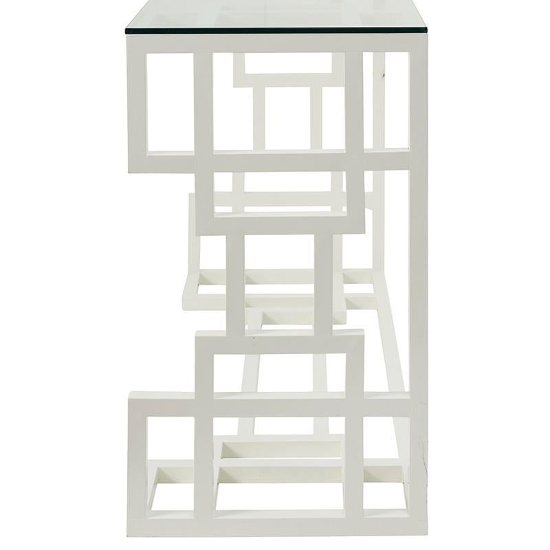 1980s Painted French Metal Console Table in White with Glass Top In Good Condition For Sale In New York, NY