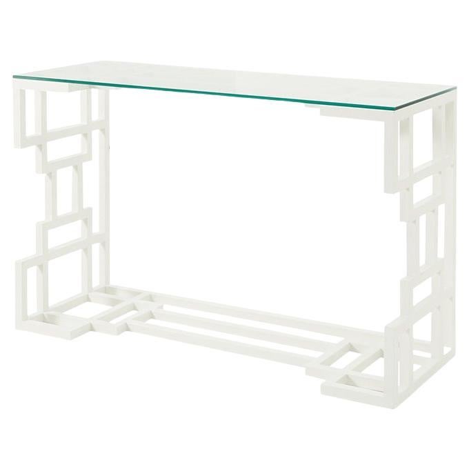 Table console française en métal peint des années 1980 en blanc avec plateau en verre