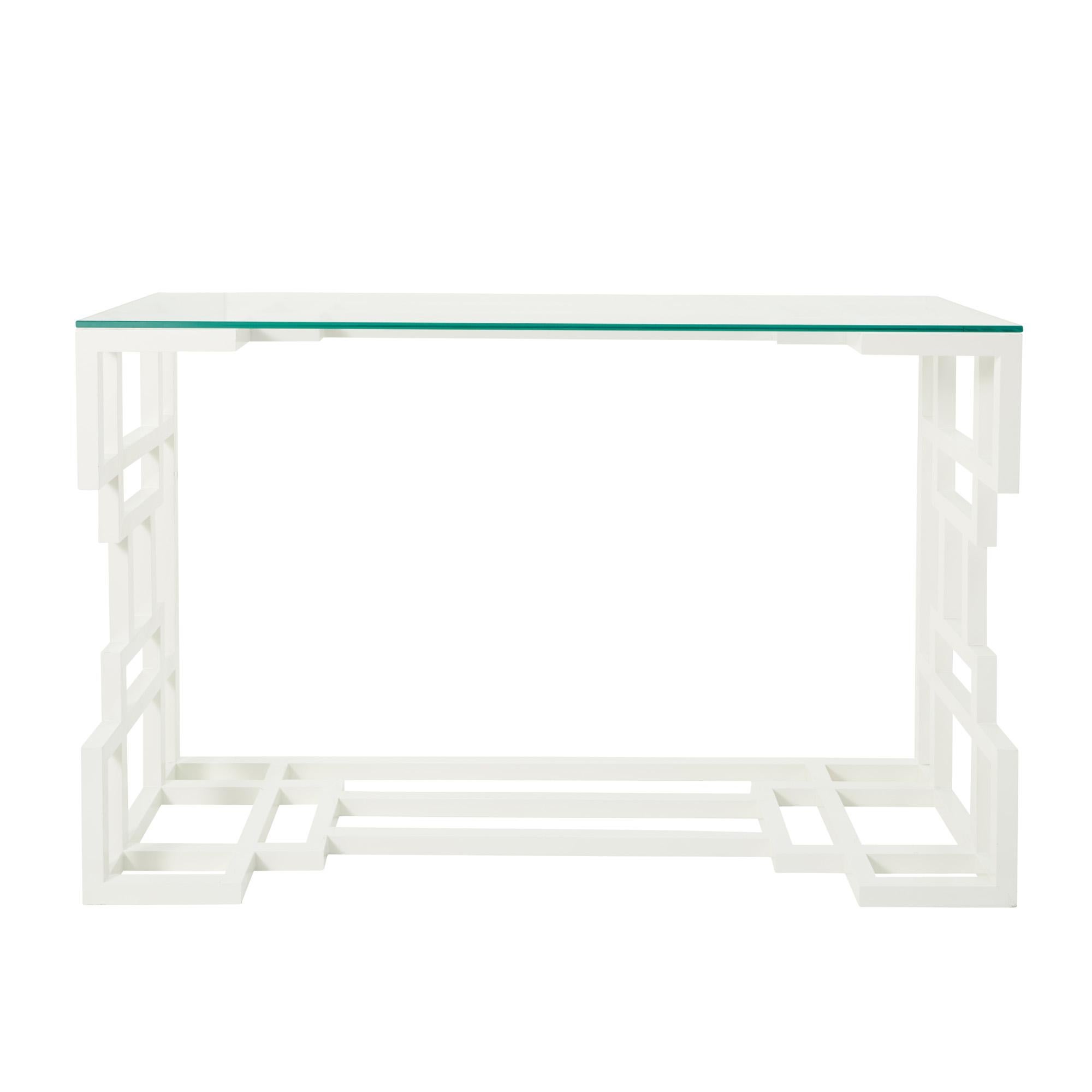 This geometric modern French metal console table is painted white and includes a glass top, circa 1980. 

Since Schumacher was founded in 1889, our family-owned company has been synonymous with style, taste, and innovation. A passion for luxury and
