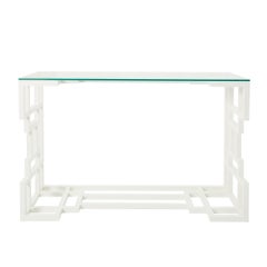 1980s Painted French Metal Console Table in White with Glass Top