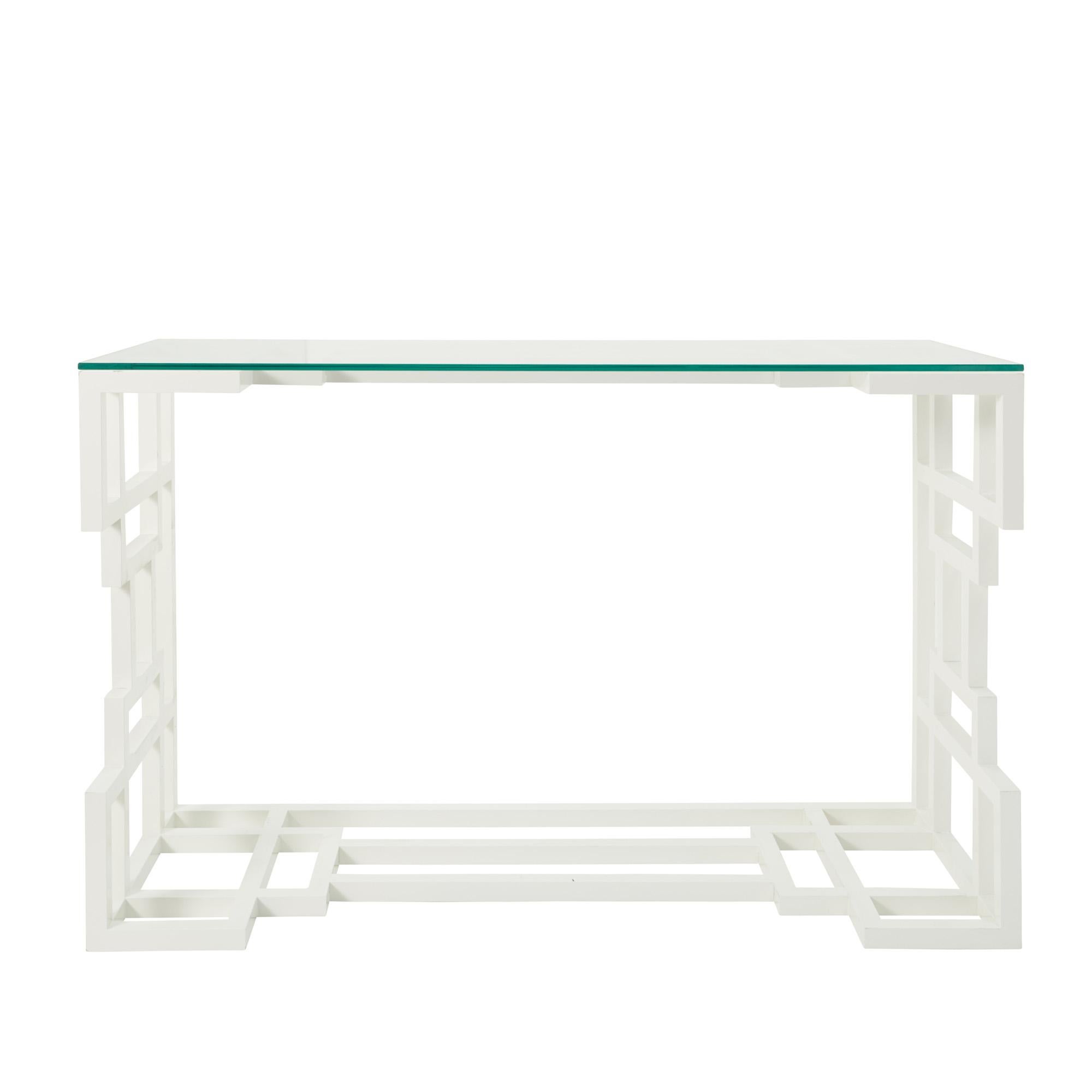 Modern 1980s Painted French Metal Console Table in White with Glass Top
