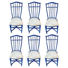1980s Pair of 6 Italian Blue Rattan Dining Chairs