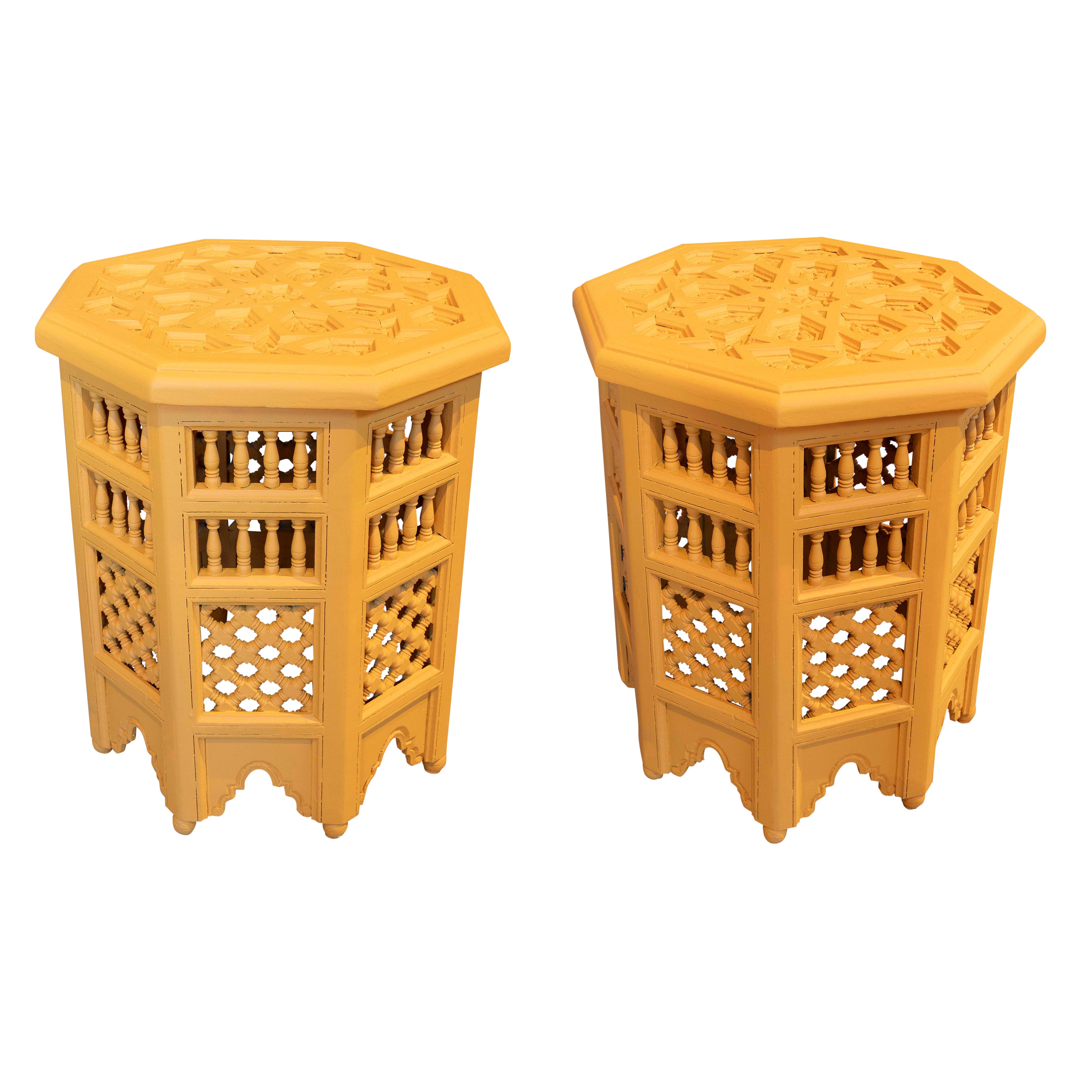 1980s Pair of Arabic Style Octagonal Side Tables in Carved Wood
