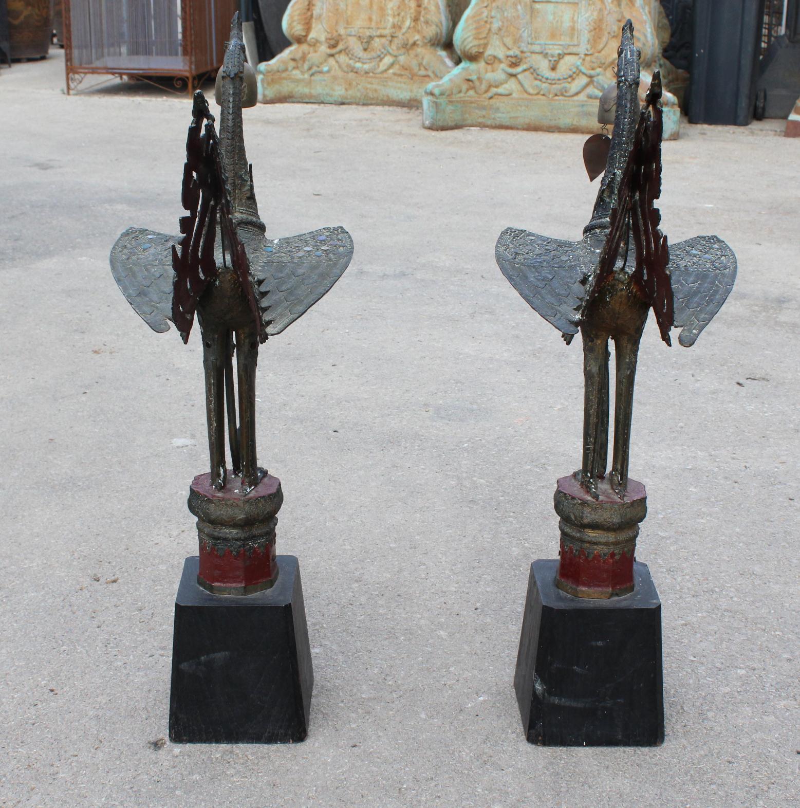 Thai 1980s Pair of Asian Bronze Garuda Mythical Hindu Birds on Wooden Bases