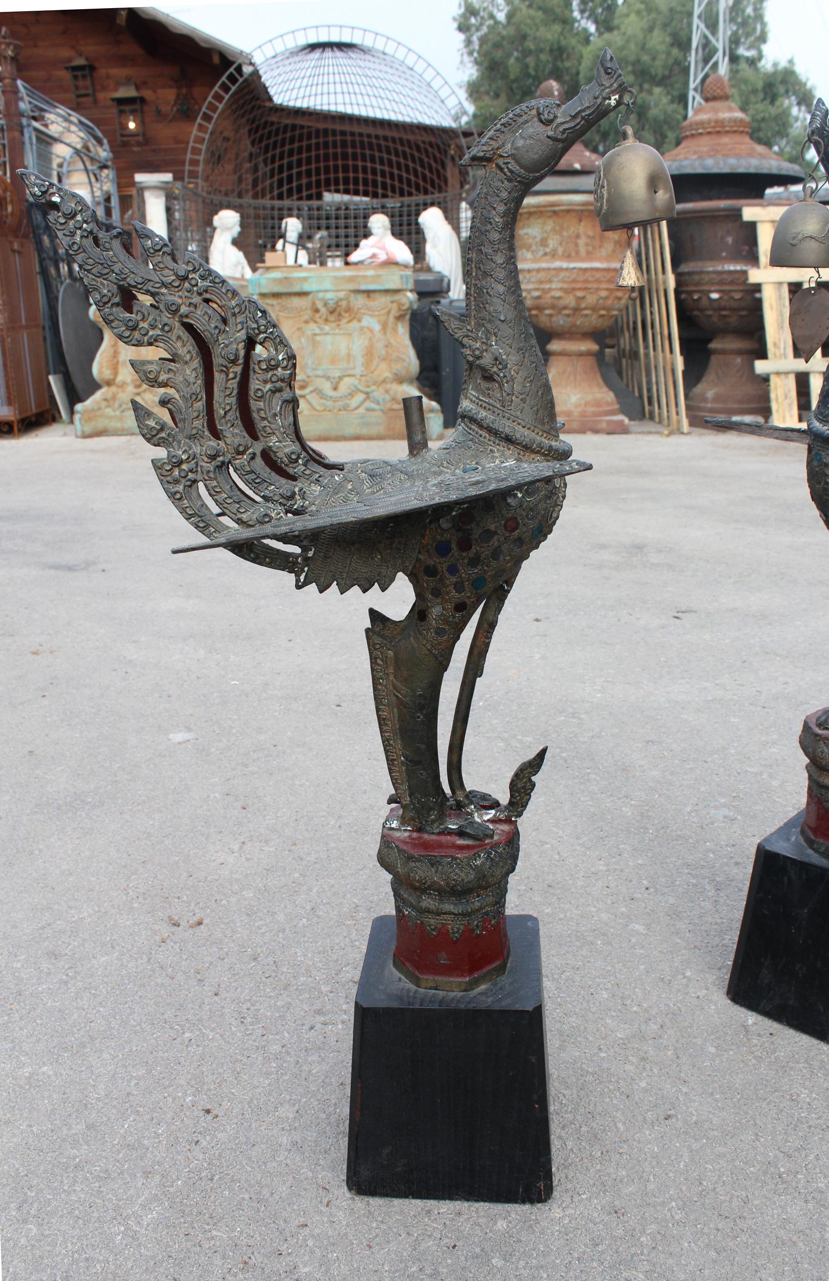 20th Century 1980s Pair of Asian Bronze Garuda Mythical Hindu Birds on Wooden Bases