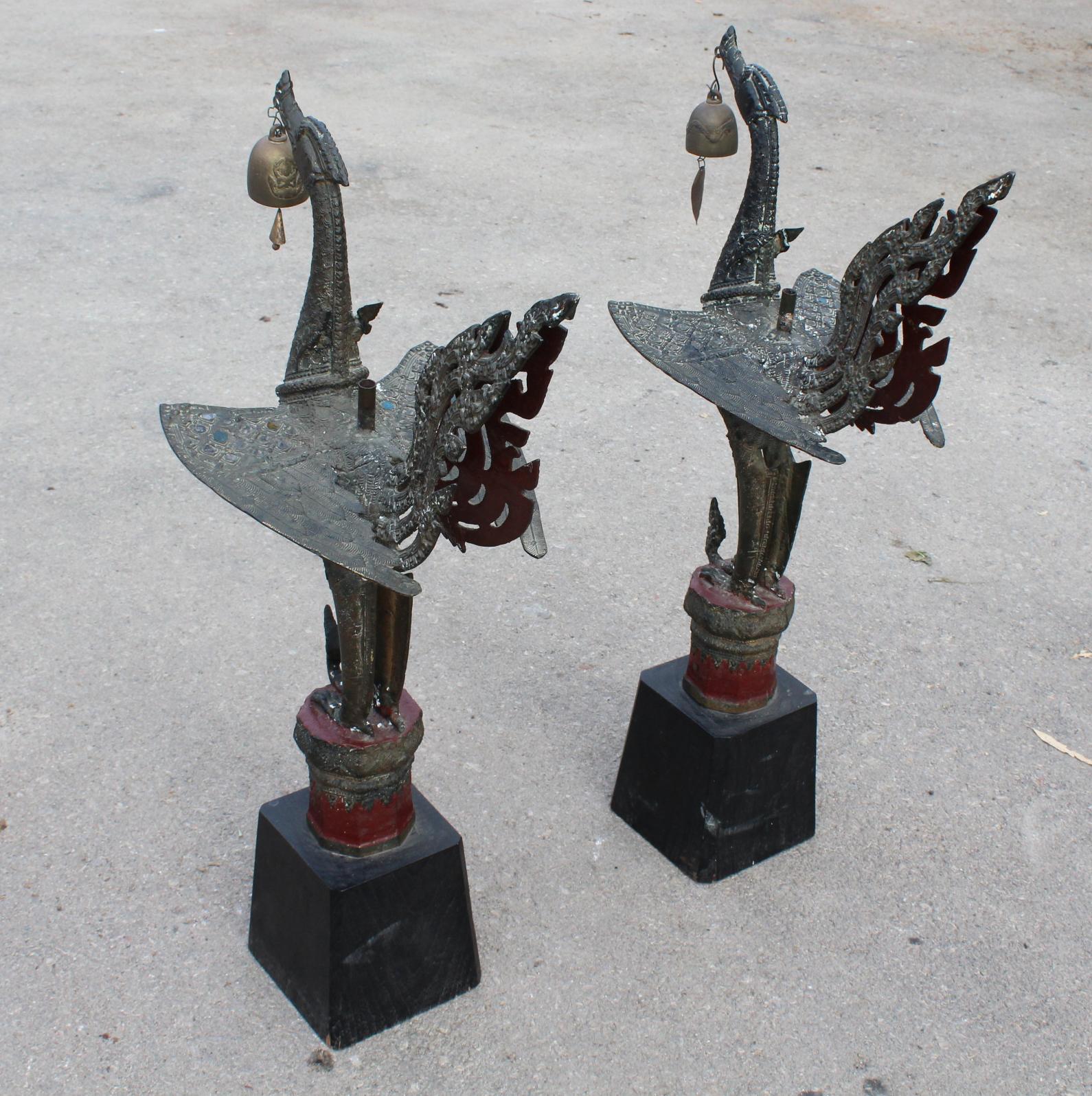 1980s Pair of Asian Bronze Garuda Mythical Hindu Birds on Wooden Bases 1