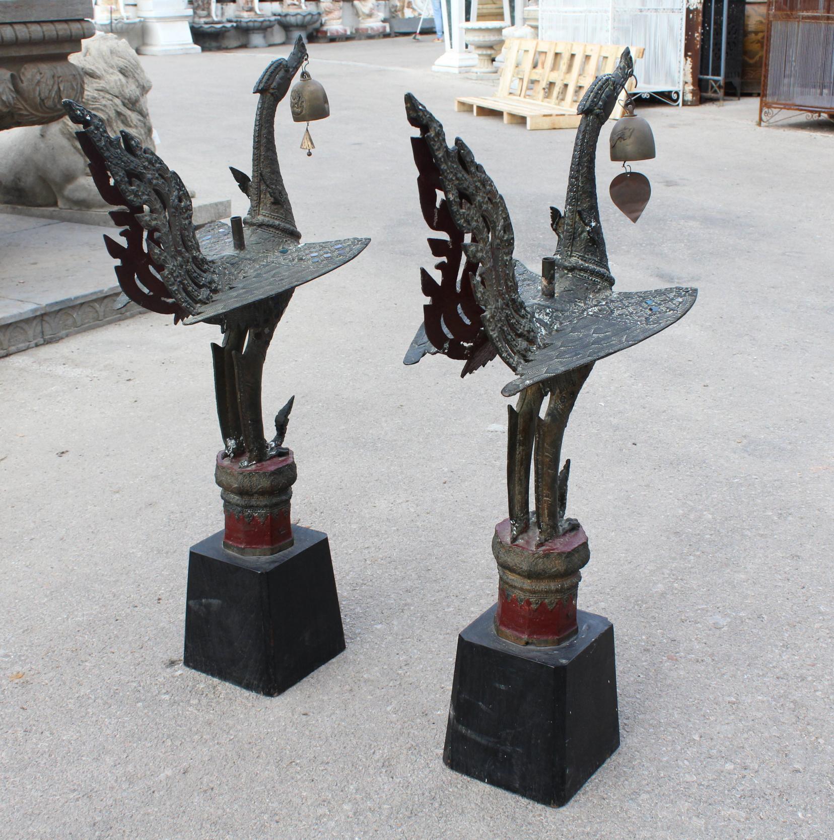 1980s Pair of Asian Bronze Garuda Mythical Hindu Birds on Wooden Bases 2